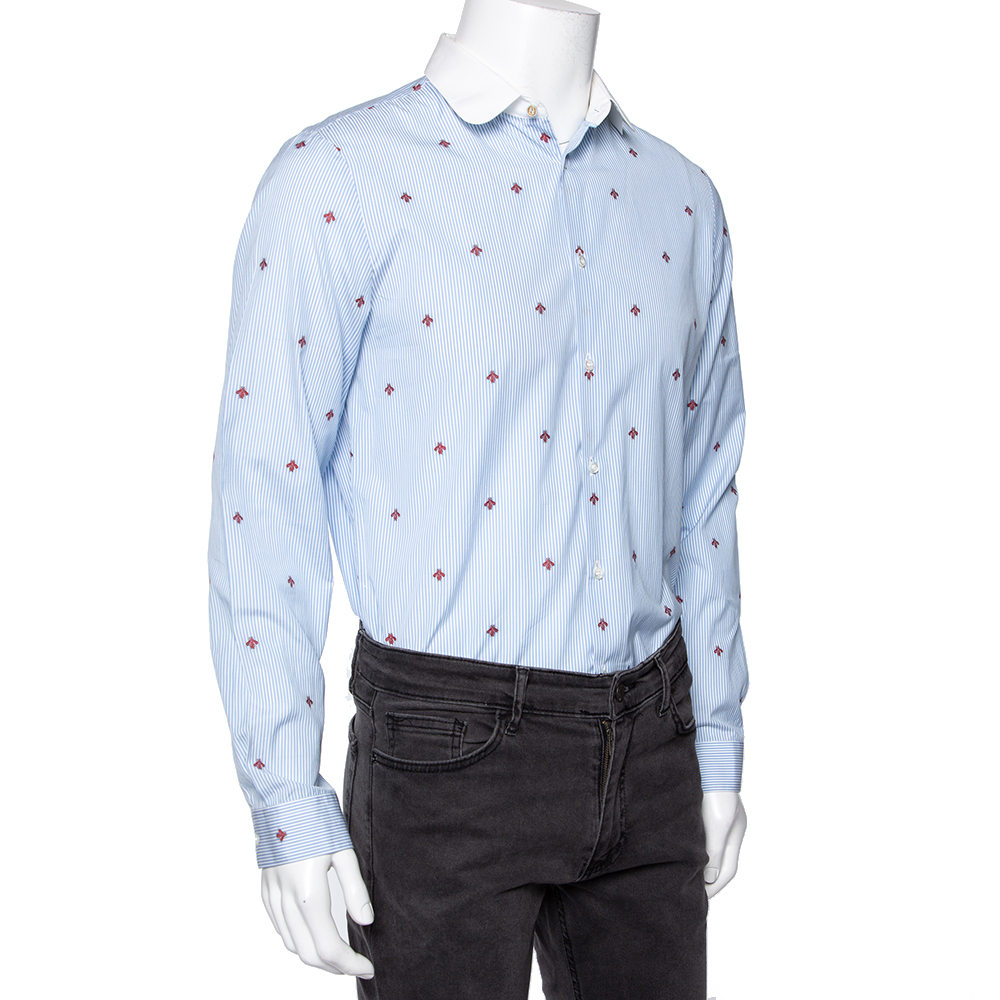 

Gucci Blue Striped Bee Embroidered Cotton Cambridge Button Front Shirt