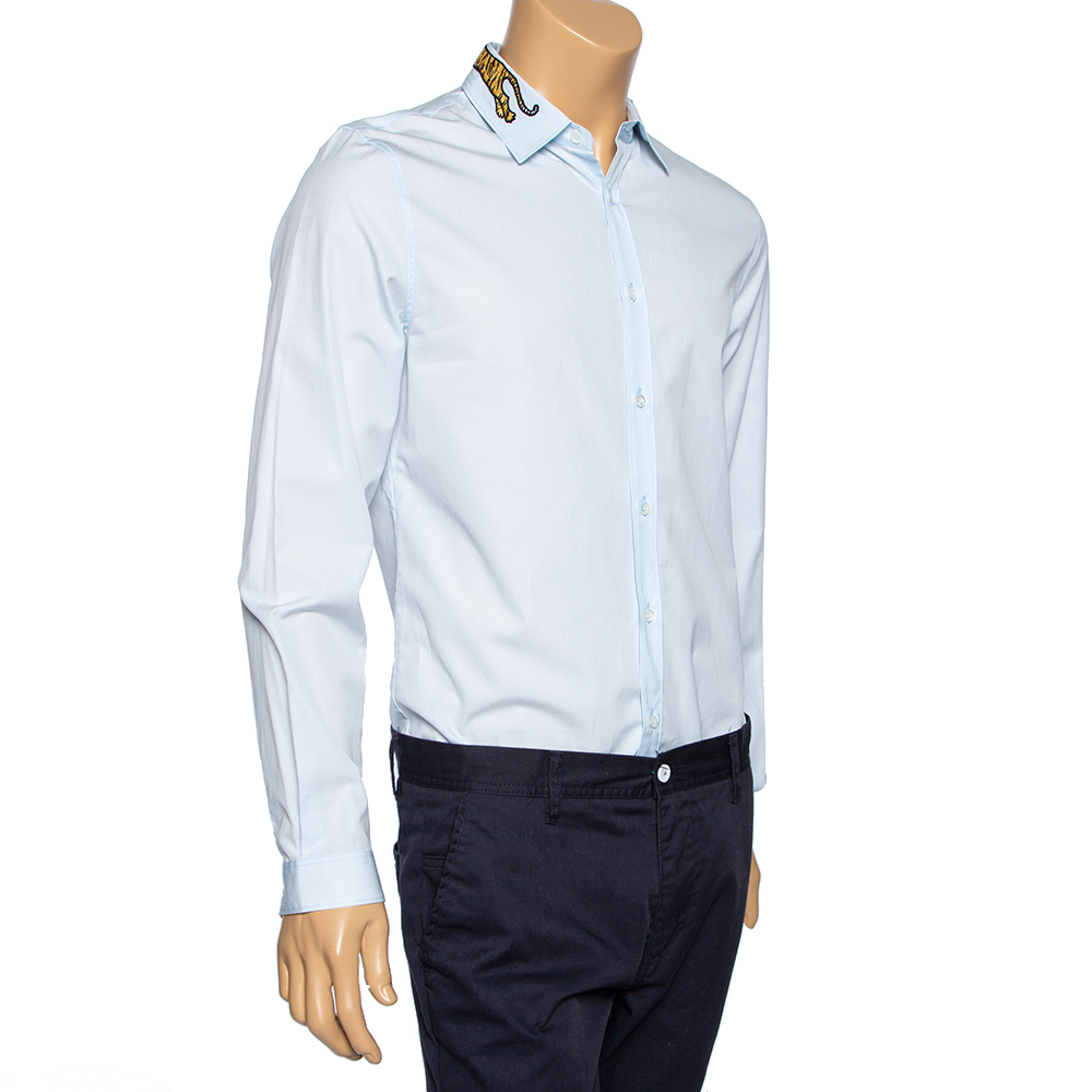 

Gucci Light Blue Cotton Tiger Applique Collar Detail Shirt