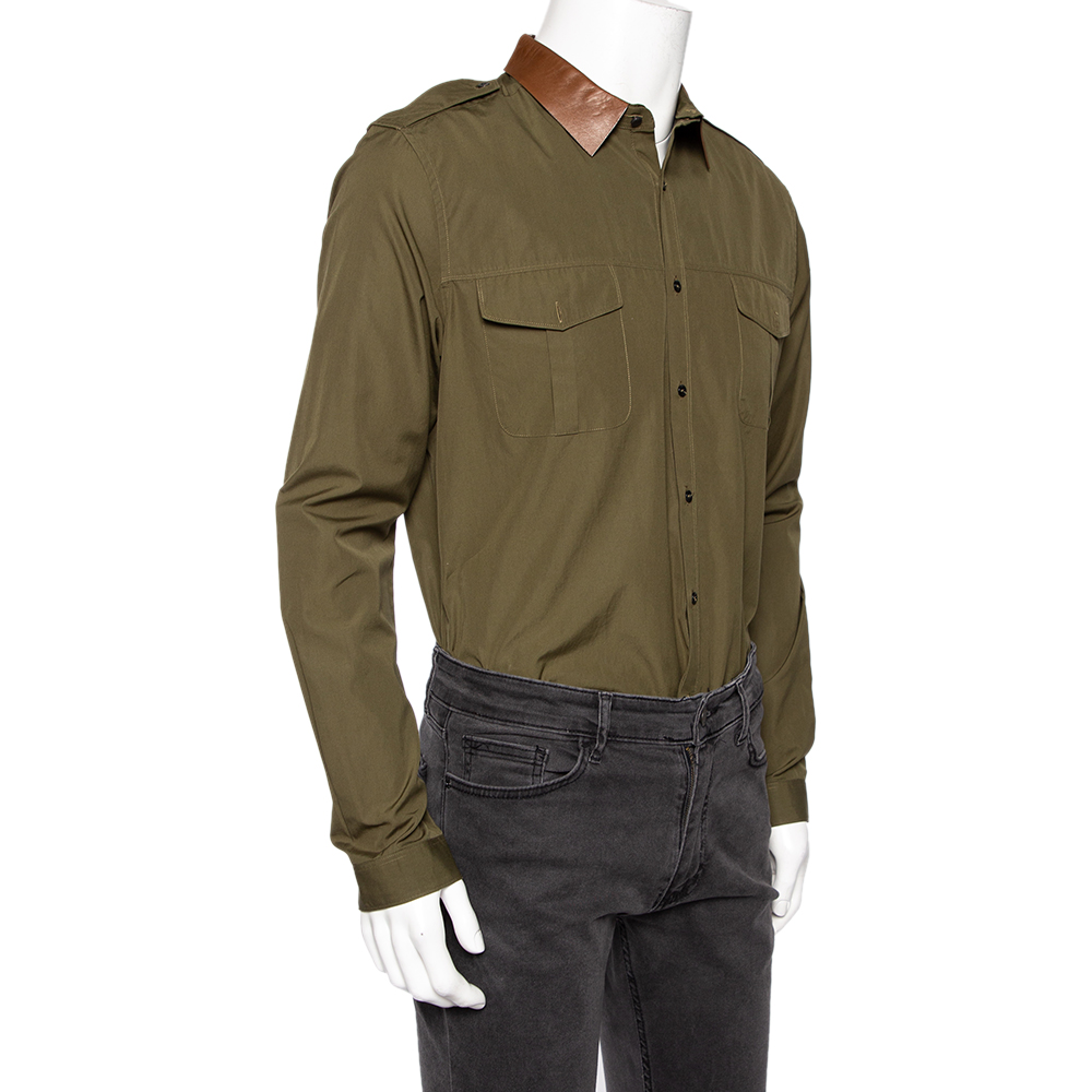 

Gucci Green Cotton & Leather Trim Collared Duke Fit Military Shirt