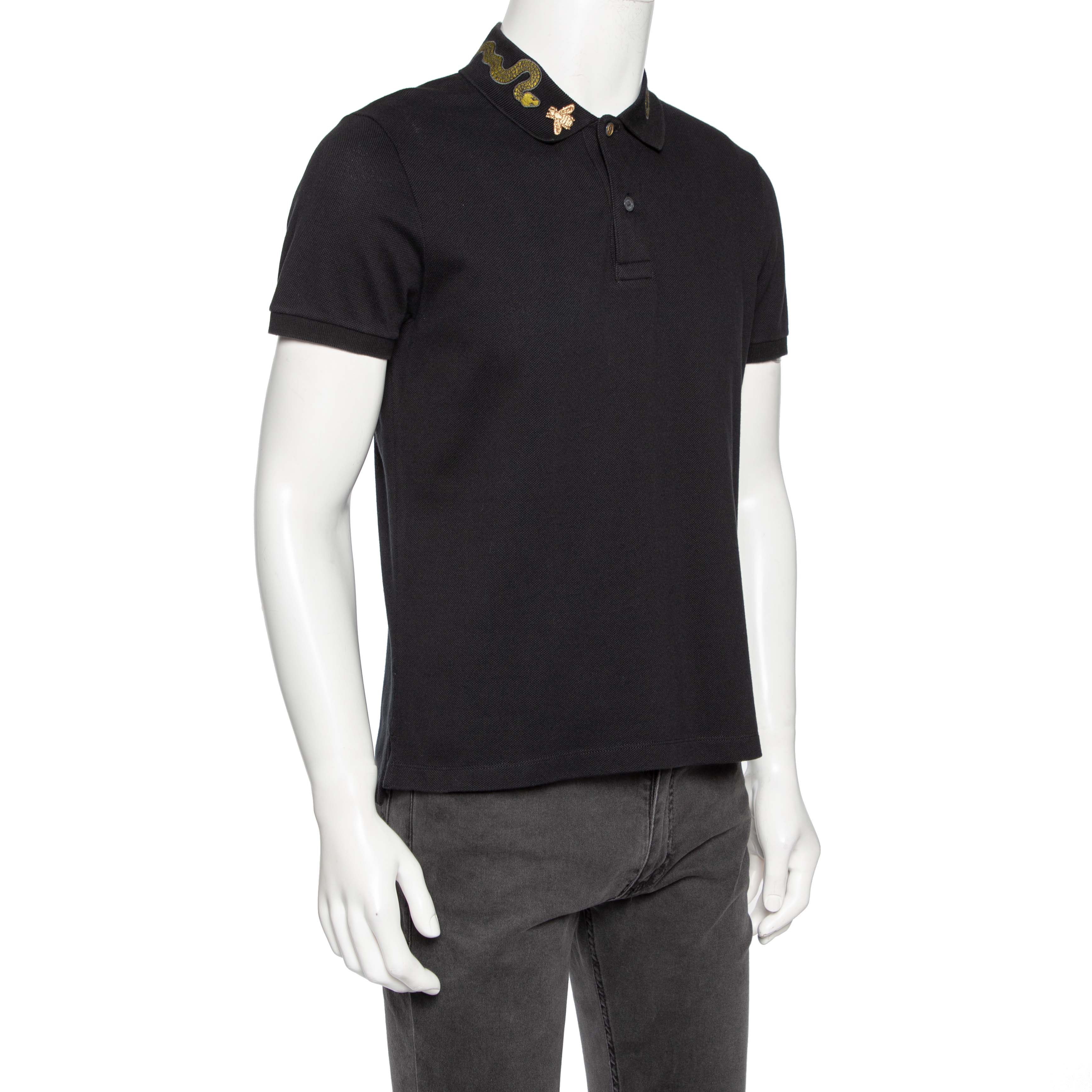 

Gucci Black Cotton Pique Embroidered Collar Detailed Polo T-Shirt