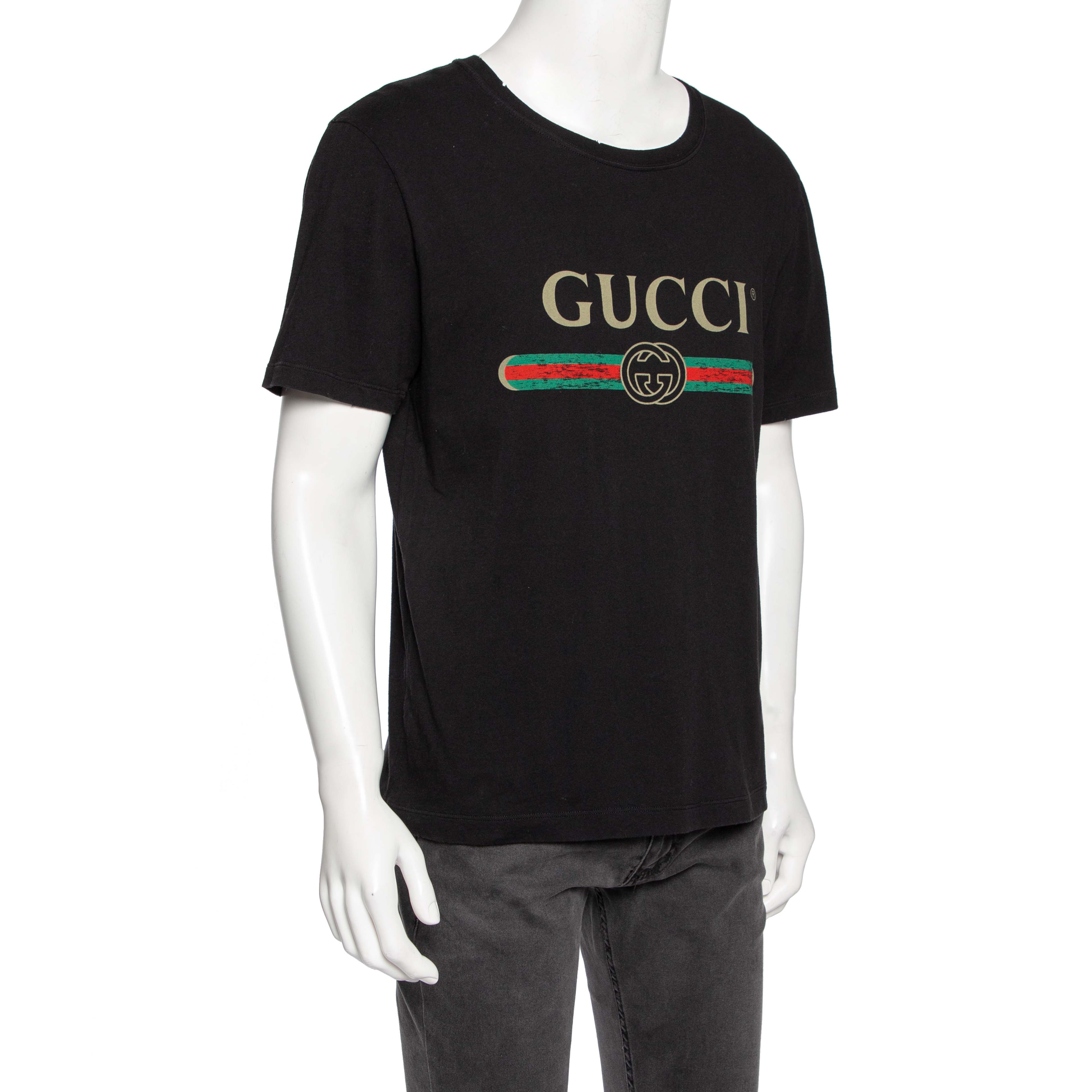 

Gucci Black Logo Print Washed Cotton Distressed Effect T-Shirt
