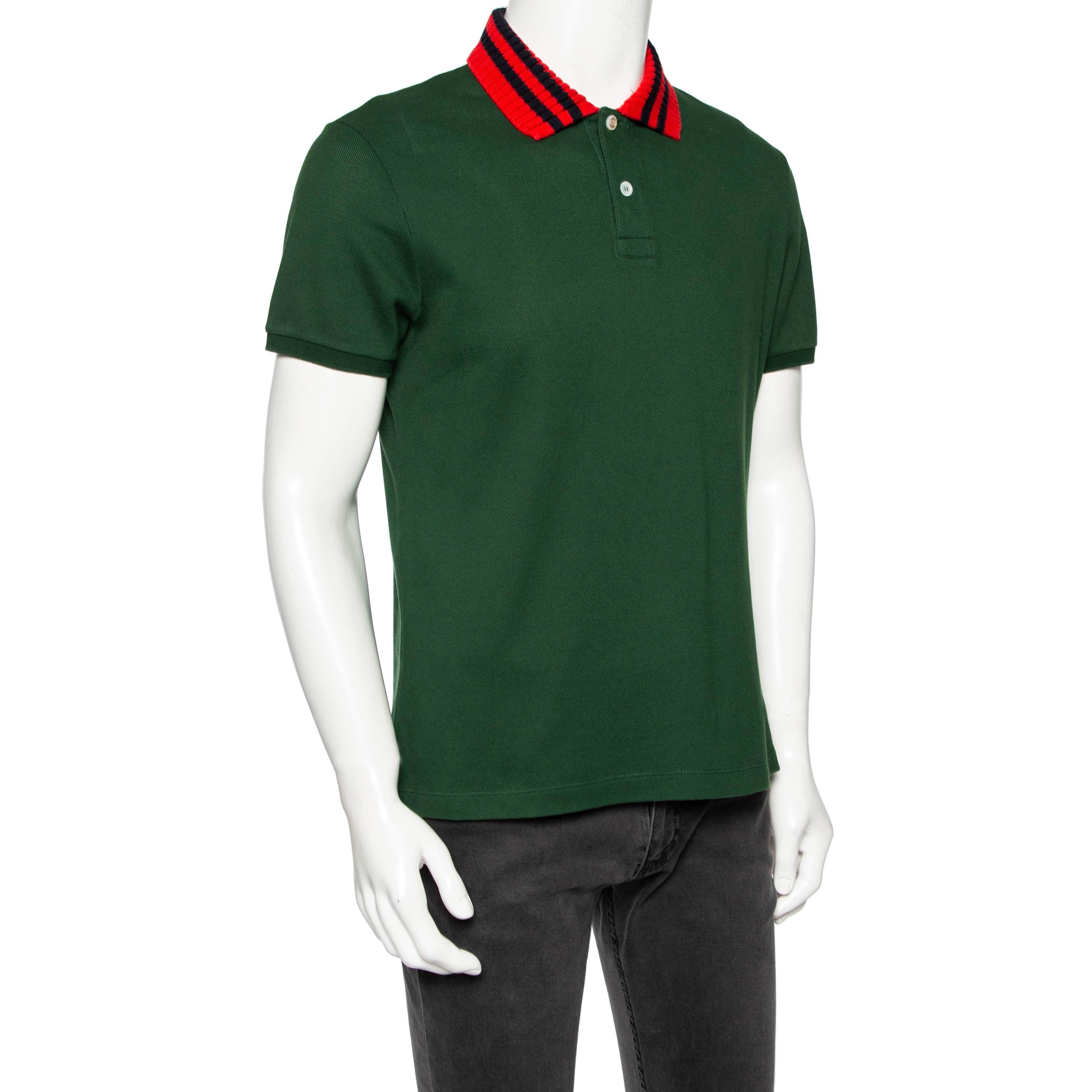 

Gucci Green Cotton Pique & Rib Knit Trimmed Polo T-Shirt