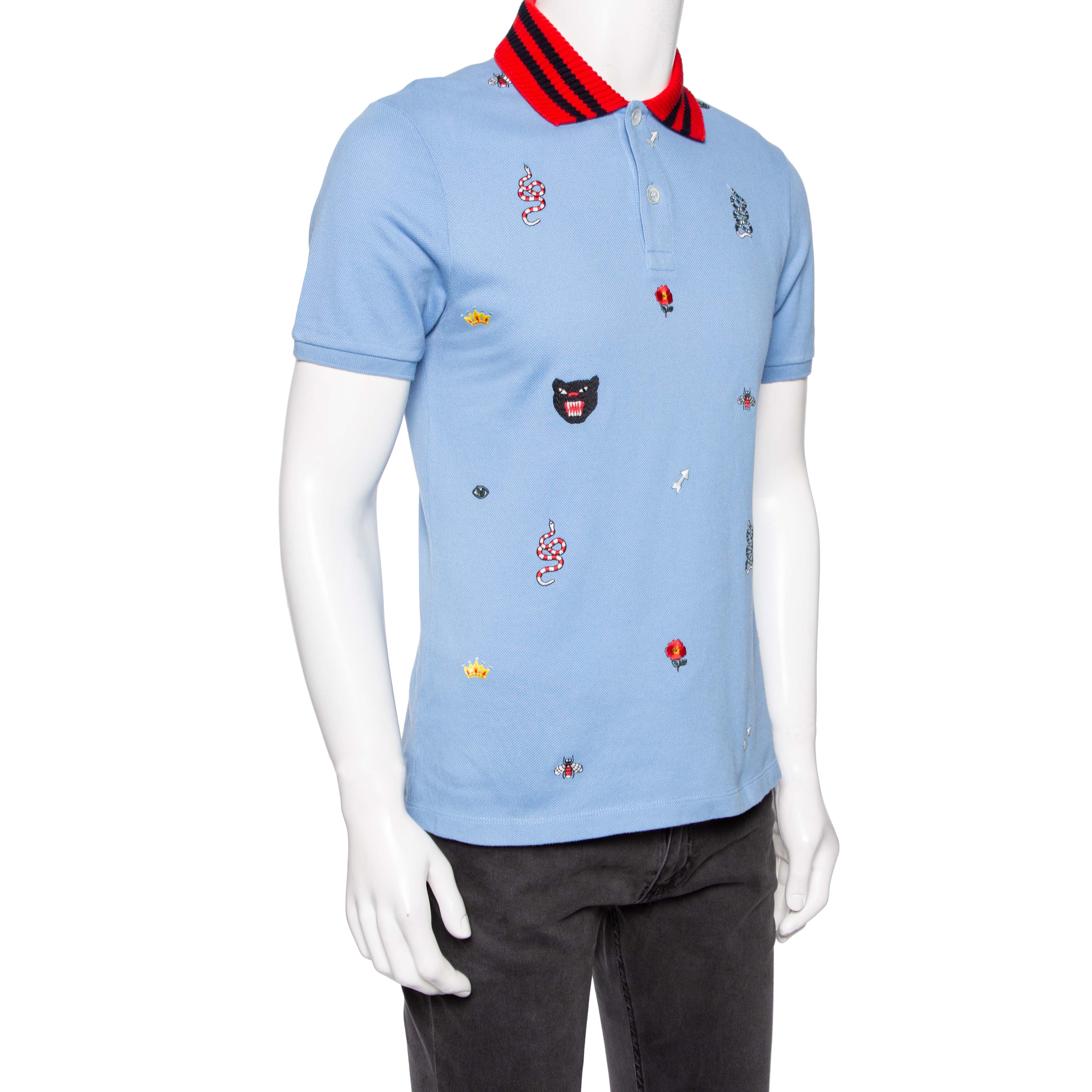 

Gucci Blue Cotton Pique Embroidered Motif Polo T-Shirt