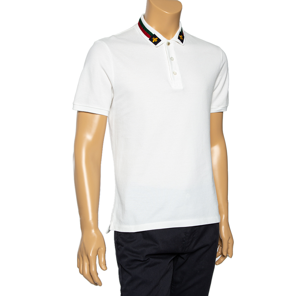 

Gucci White Cotton Pique Embroidered Collar Detail Polo T-Shirt