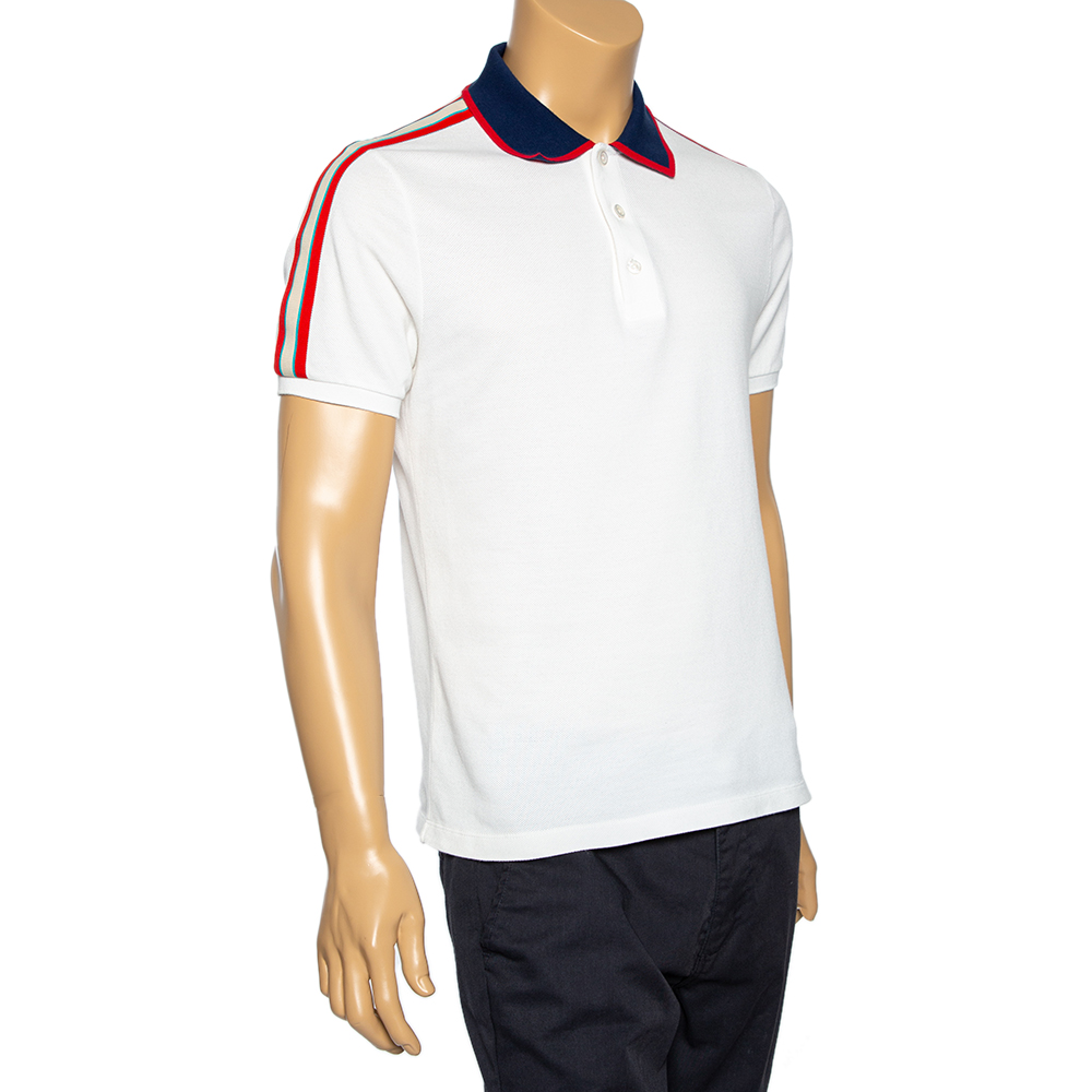 

Gucci White Cotton Pique Contrast Collar Logo Strip Detail Polo T-Shirt