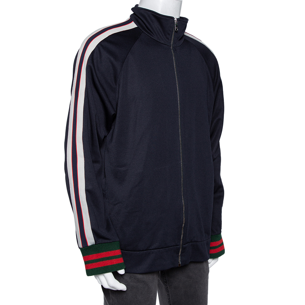 

Gucci Navy Blue Jersey Web Stripe Logo Print Trim Jacket