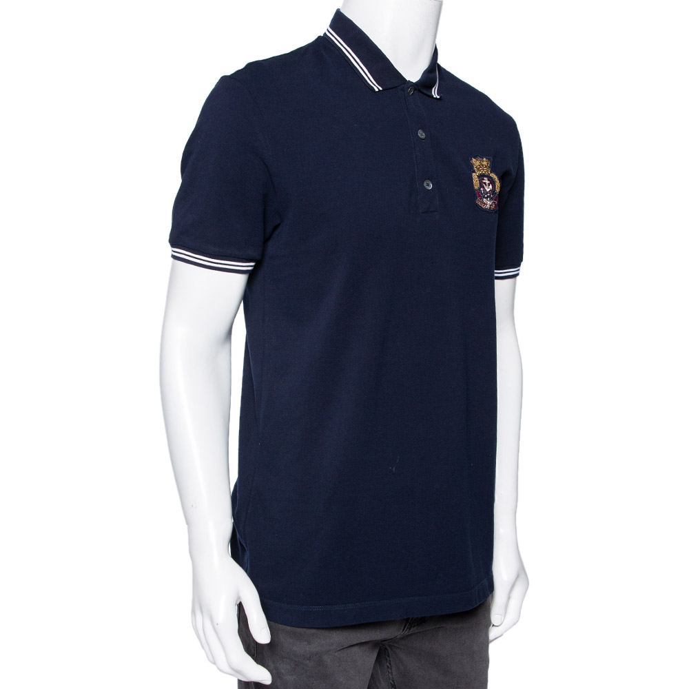 

Gucci Navy Blue Cotton Pique Crest Embroidered Polo T-Shirt