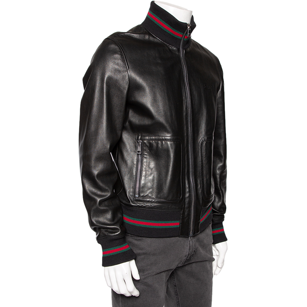 

Gucci Black Leather & Rib Knit Trimmed Bomber Jacket
