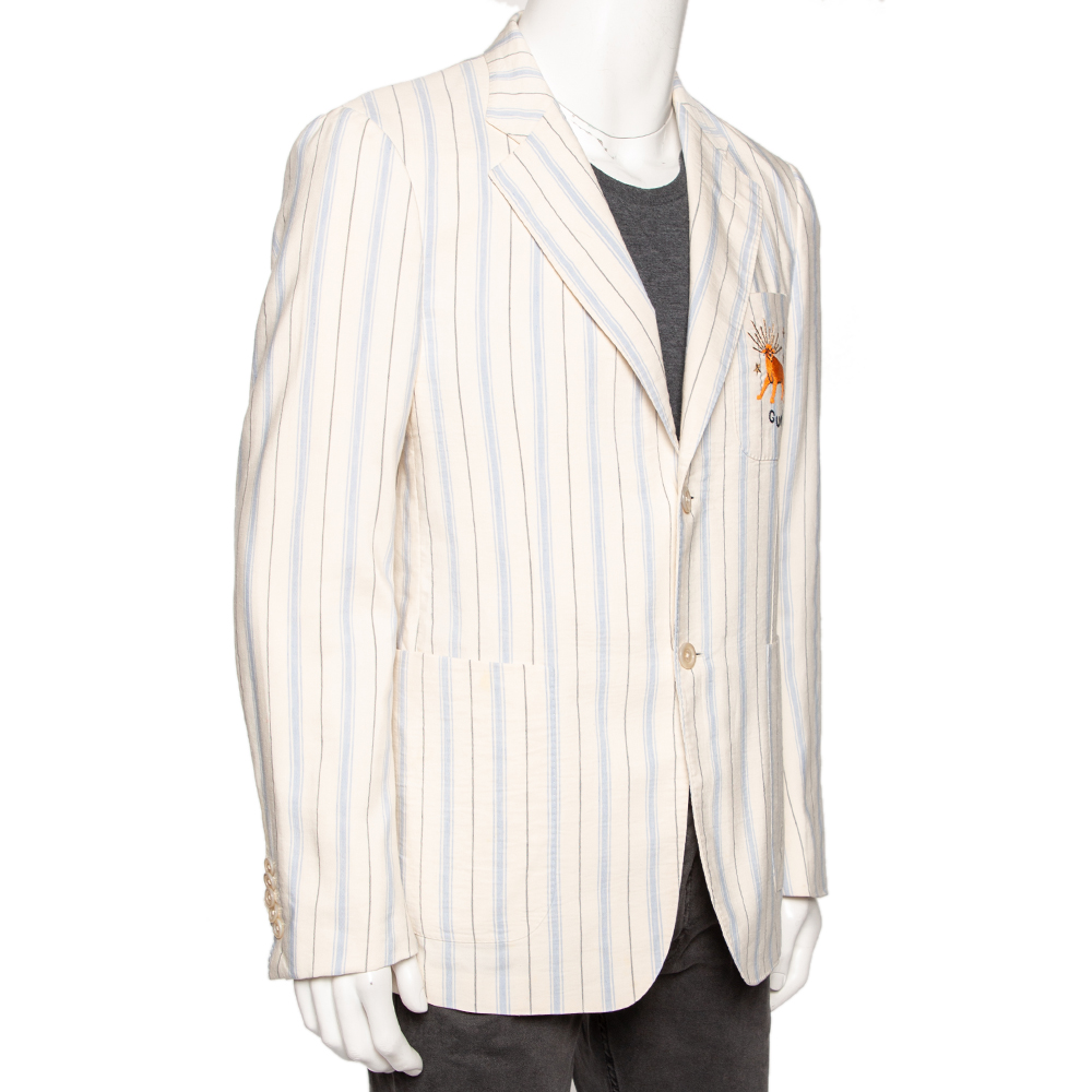 

Gucci Off-White & Blue Striped Silk Linen Feline Embroidered Blazer