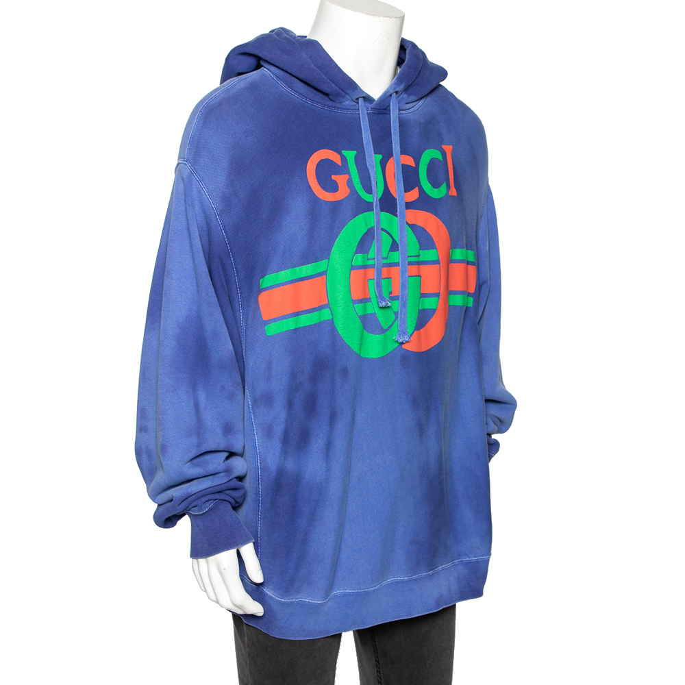 

Gucci Blue Washed Out Effect Cotton Knit Interlocking GG Print Hoodie