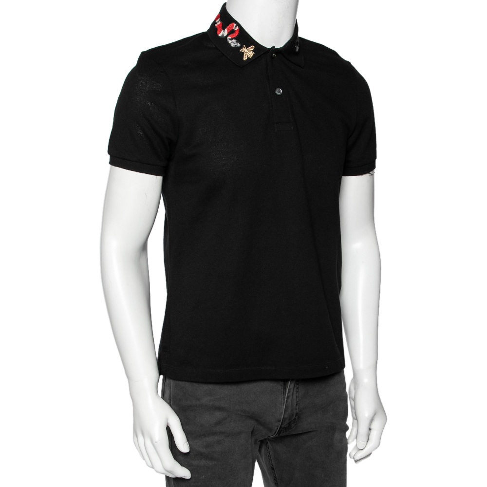 

Gucci Black Stretch Cotton Snake Embroidered Polo T-Shirt