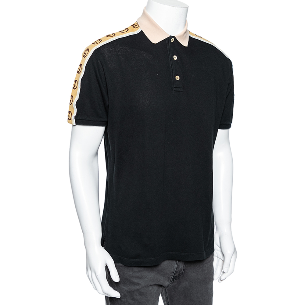 

Gucci Black Cotton Pique Interlocking G Stripe Trimmed Polo T-Shirt
