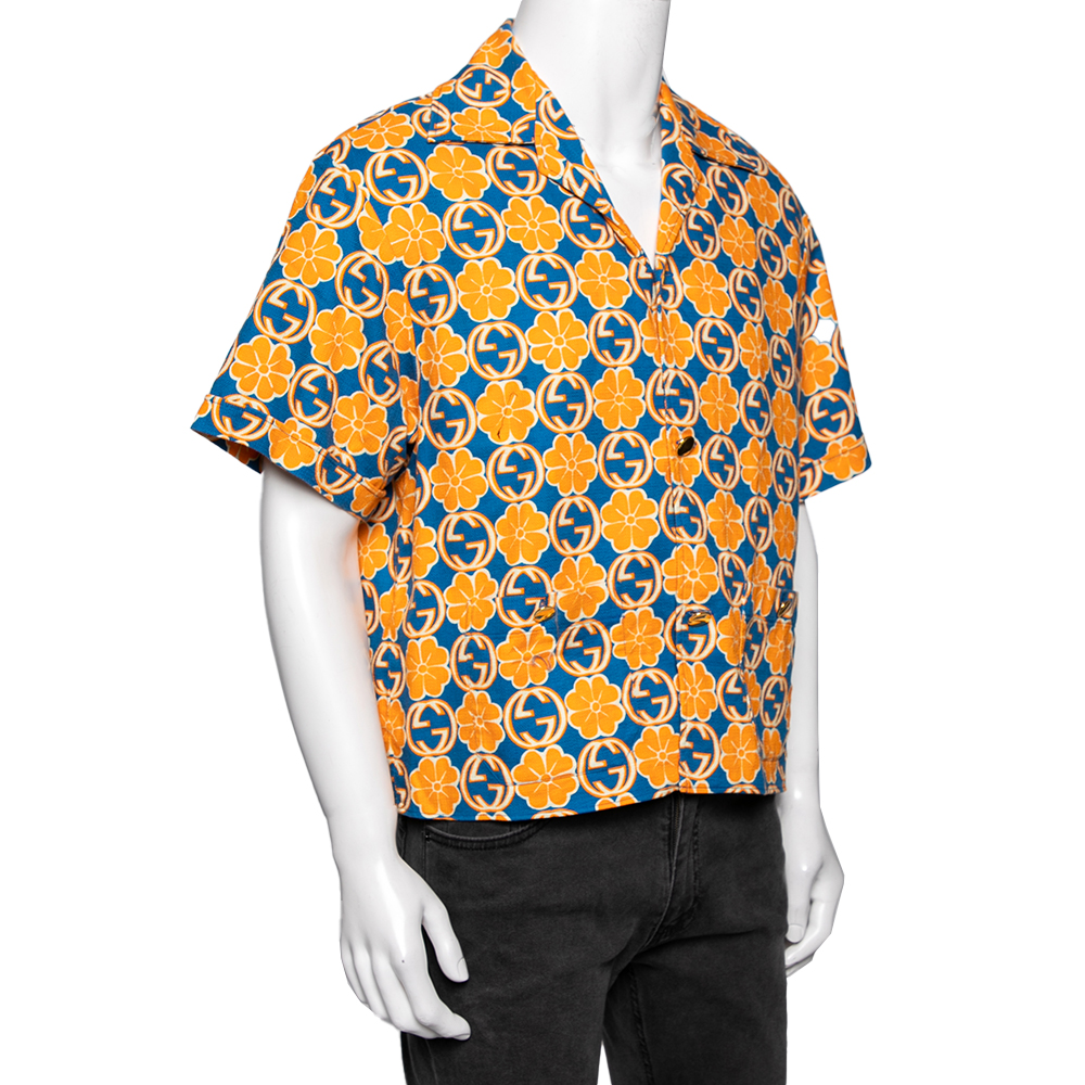 

Gucci Blue and Orange GG Quatrefoil Printed Cotton Short Sleeve Shirt