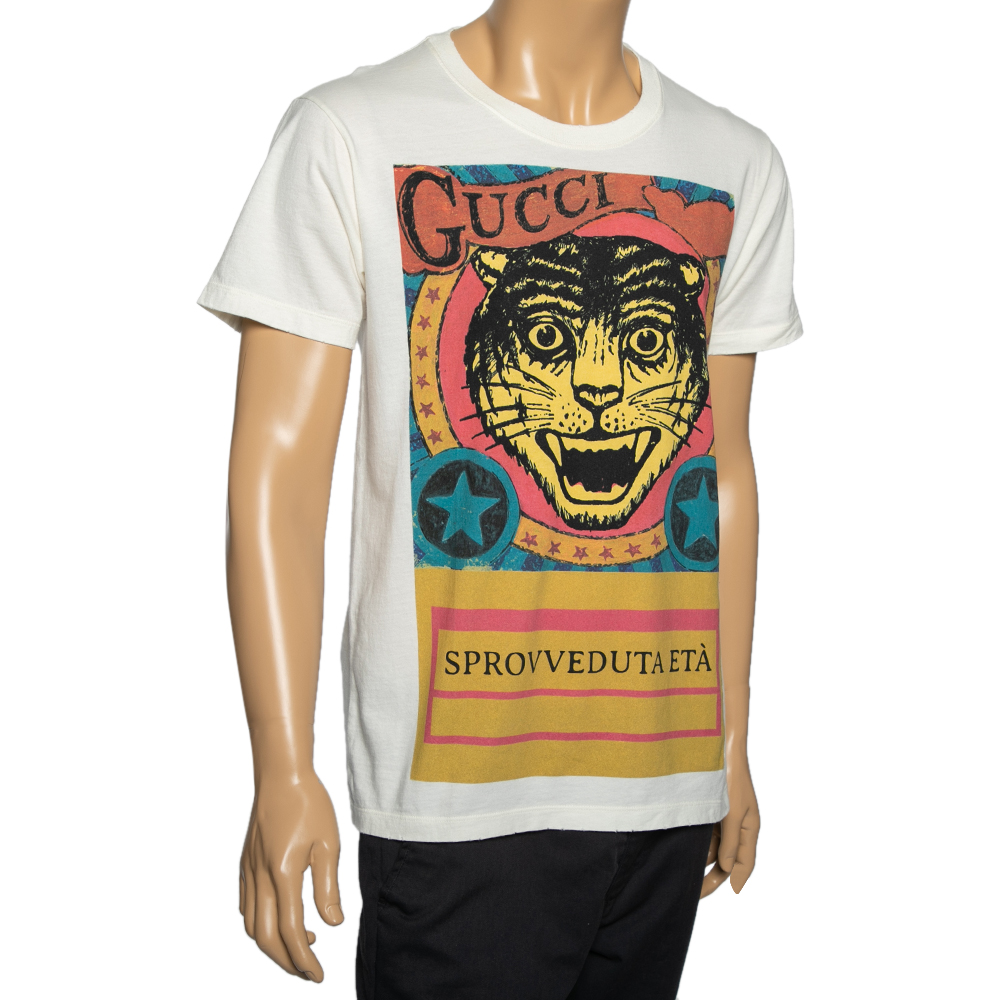 

Gucci Off White Cotton Tiger Sprovveduta Età Printed Short Sleeve T-Shirt