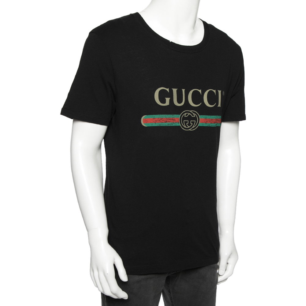 

Gucci Black Cotton Gucci Logo Crew Neck Short Sleeve T-Shirt