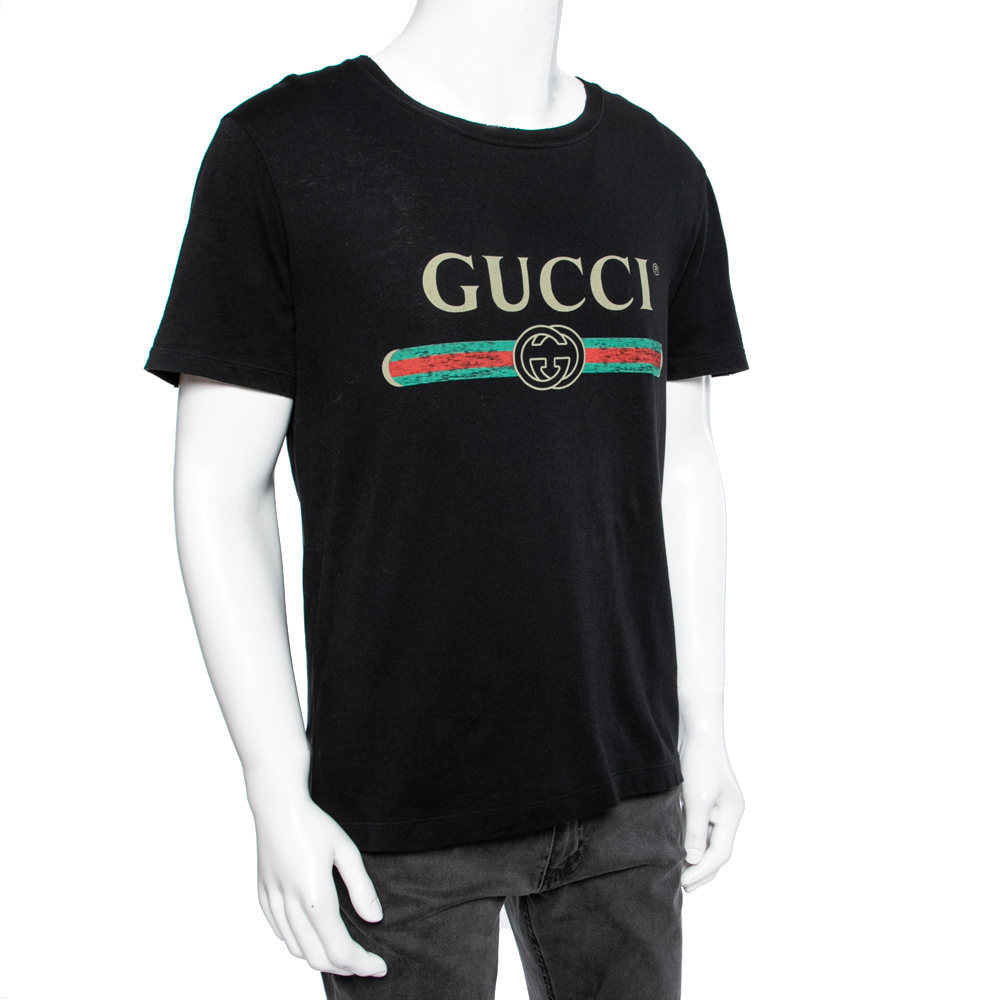 

Gucci Black Cotton Logo Printed Crewneck T-Shirt
