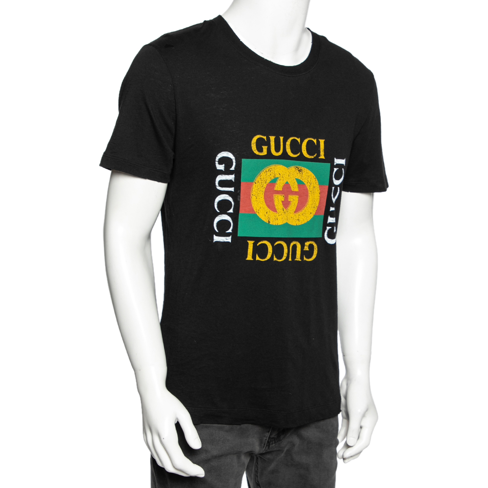 

Gucci Black Cotton Logo Printed Crew Neck Short Sleeve T-Shirt