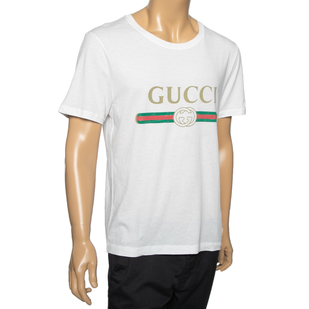 

Gucci White Cotton Logo Printed Crew Neck T-Shirt