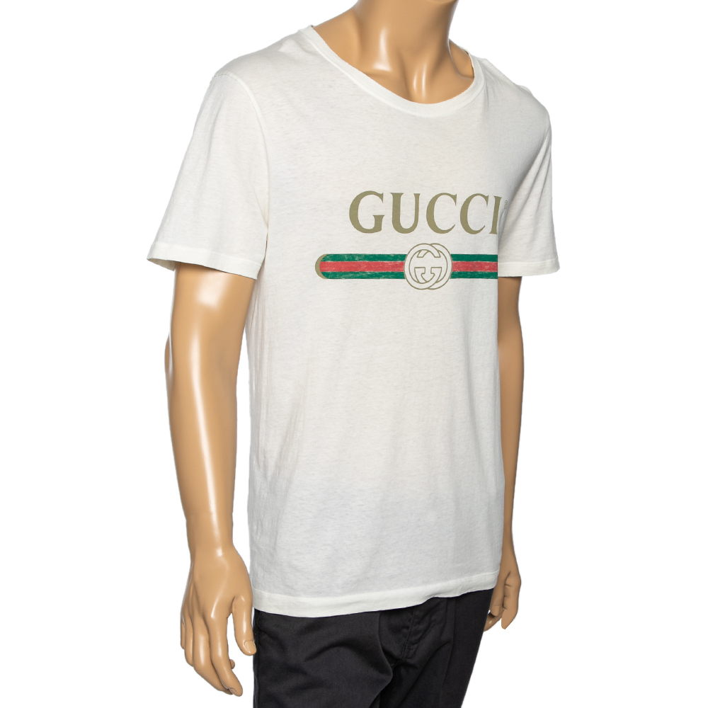 

Gucci Cream Cotton Logo Printed Crew Neck T-Shirt