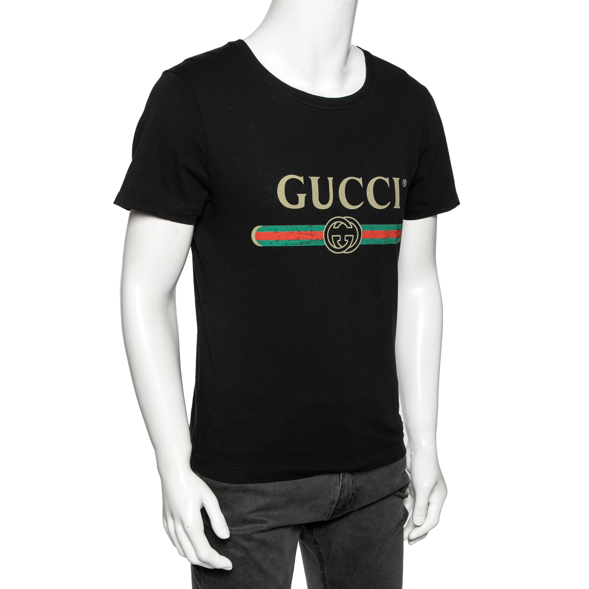 

Gucci Black Cotton Logo Printed Crew Neck T-Shirt