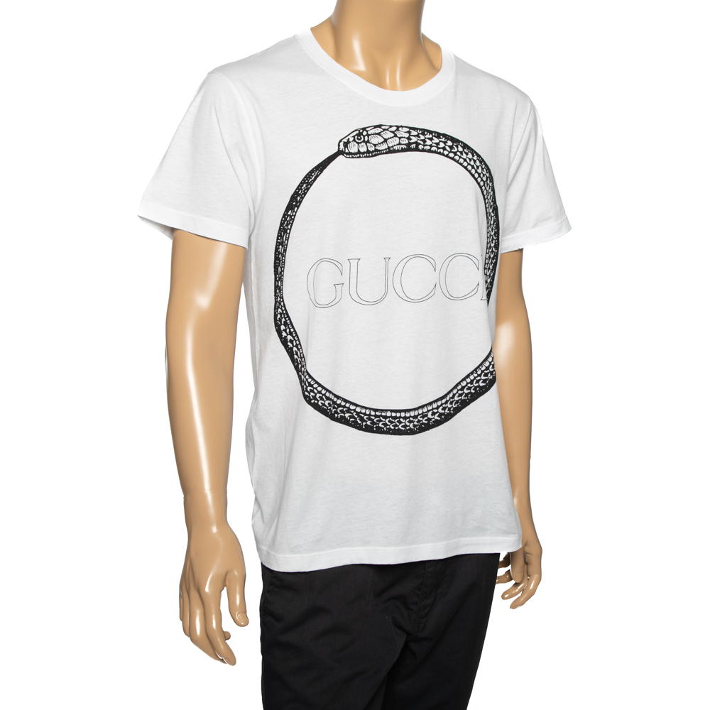 

Gucci White Cotton Snake Ring Printed Crew Neck T-Shirt