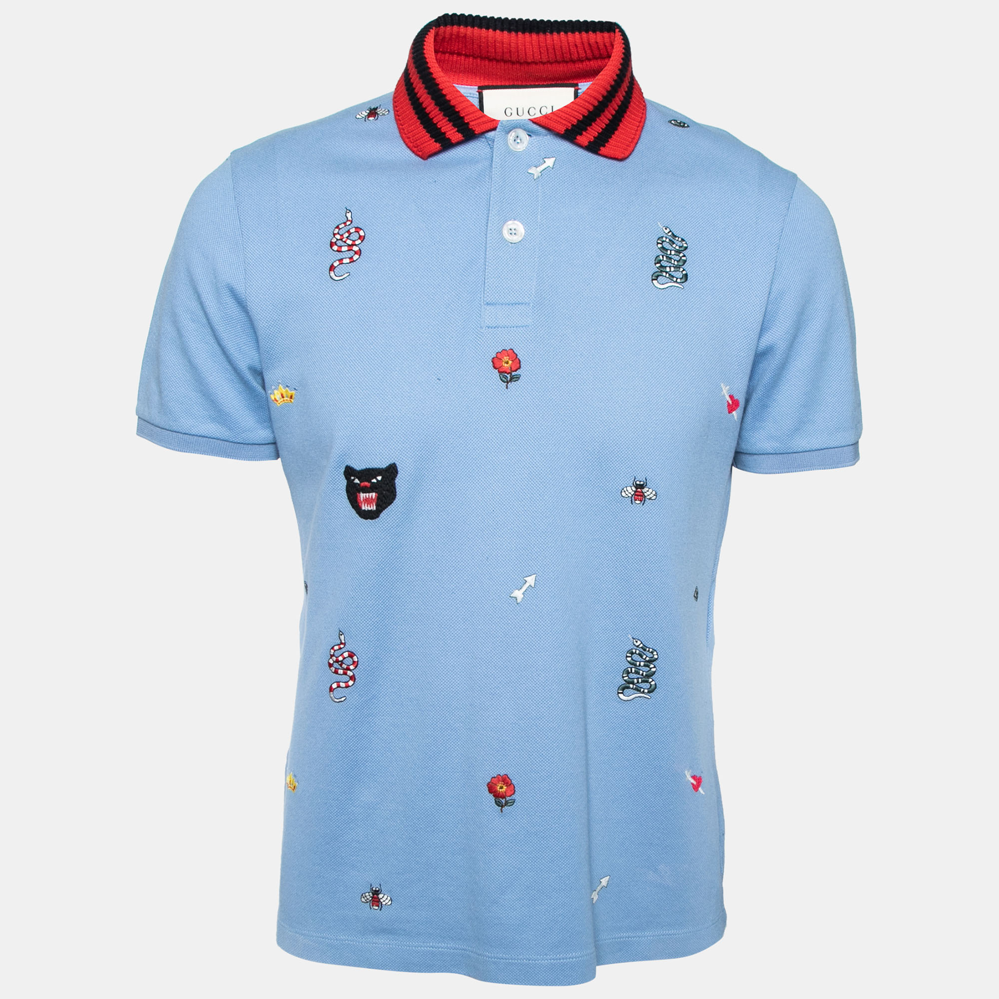 Pre-owned Gucci Blue Cotton Multi Motif Embroidered Polo T-shirt L