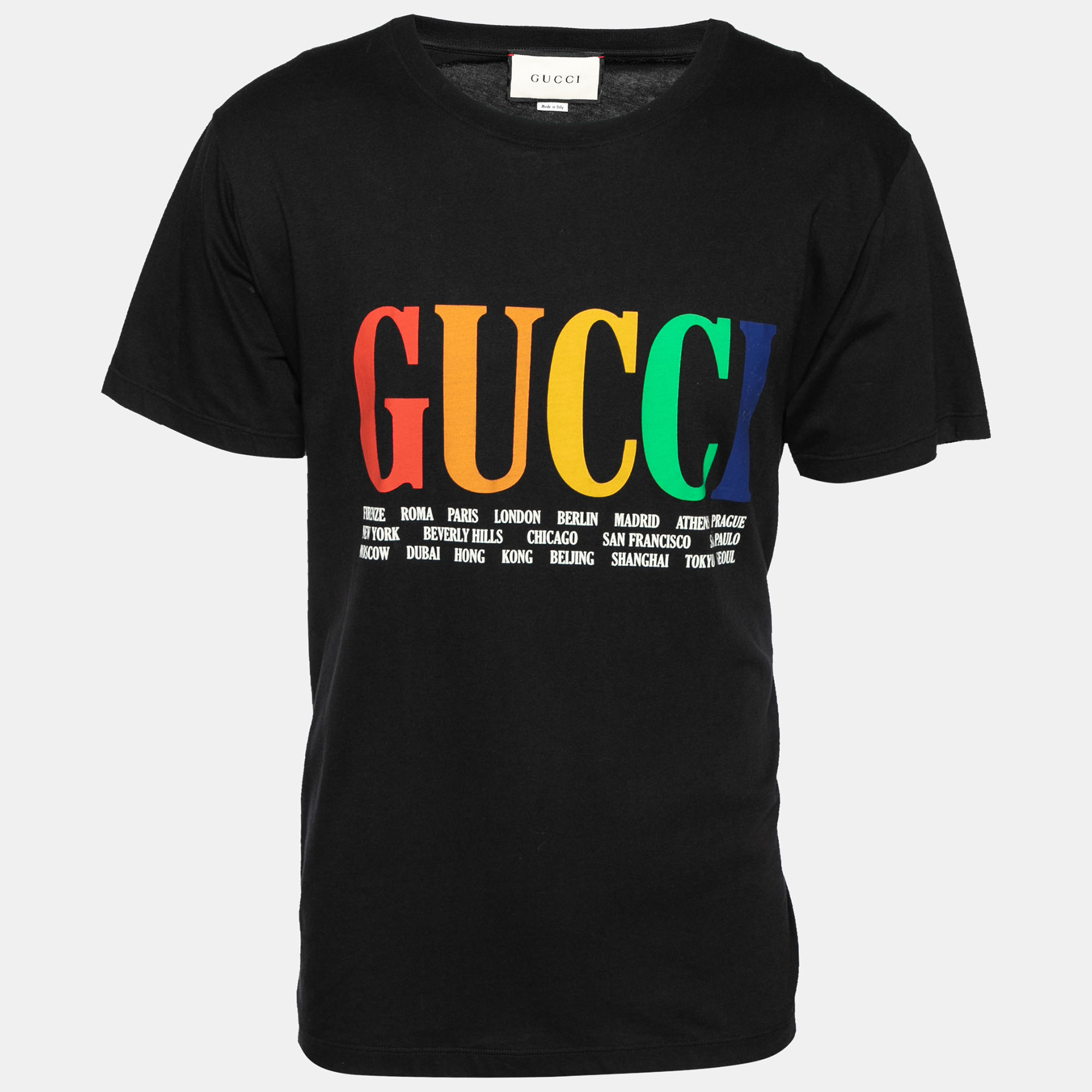 Pre-owned Gucci Black Cotton Logo Printed Crew Neck Short Sleeve T-shirt L