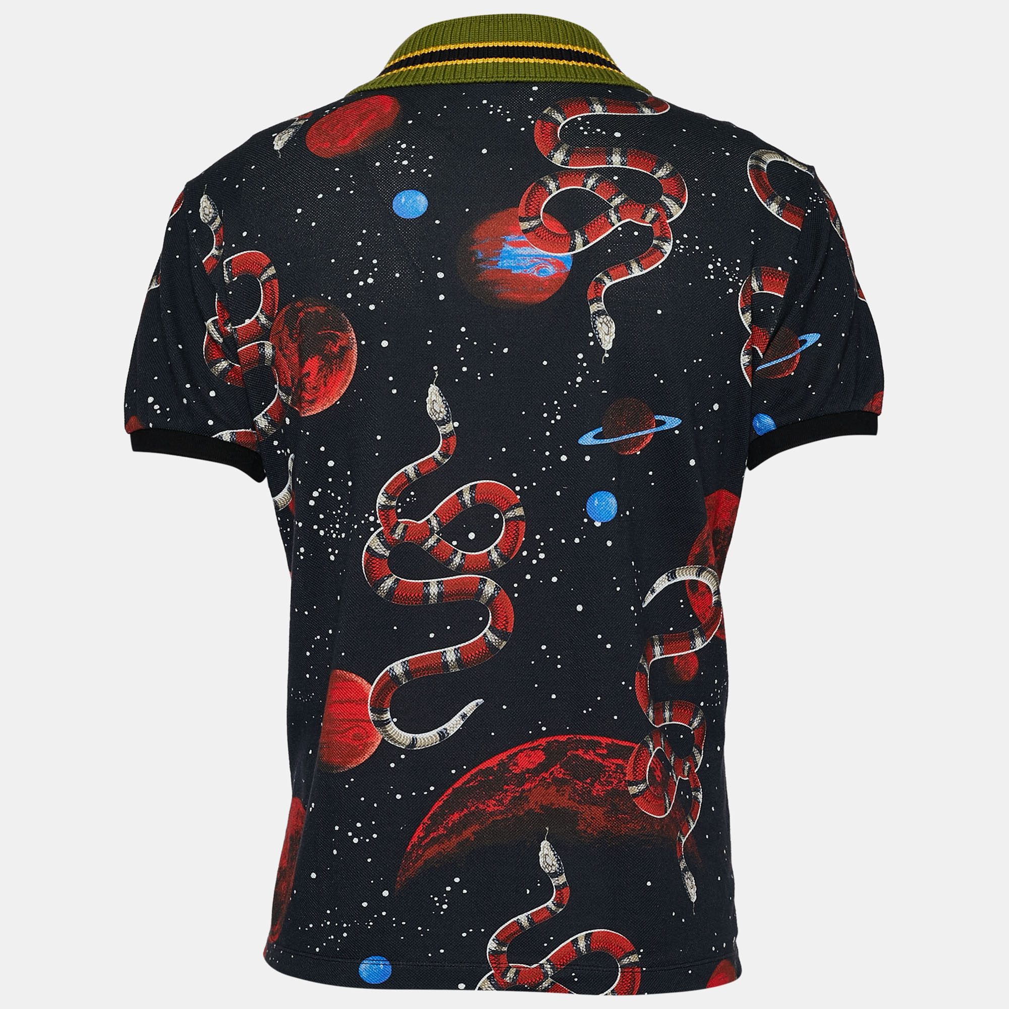

Gucci Navy Blue Space and Snake Printed Cotton Polo T-Shirt