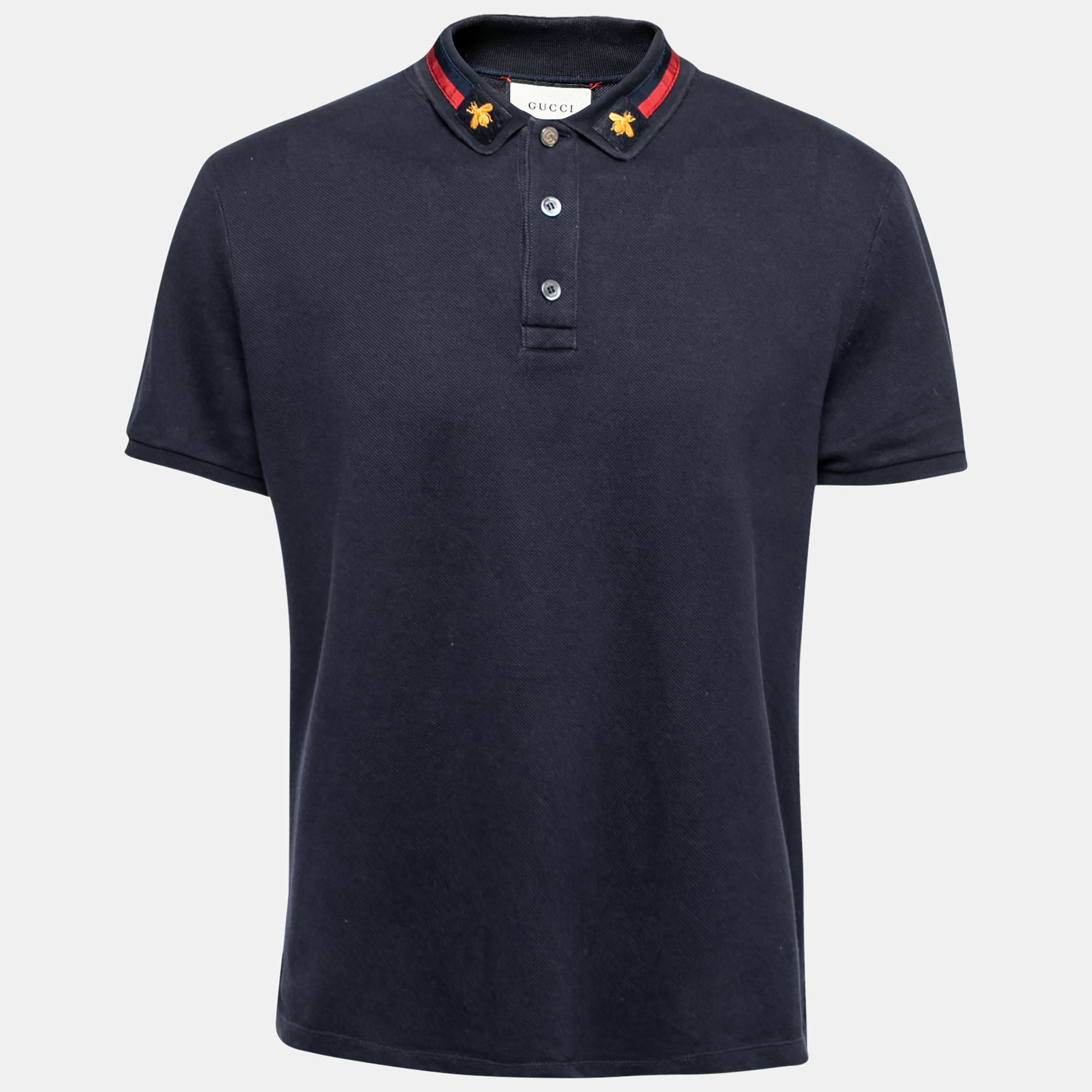 Pre-owned Gucci Navy Blue Cotton Pique Web Stripe Bee Appliqued Polo T-shirt Xxl