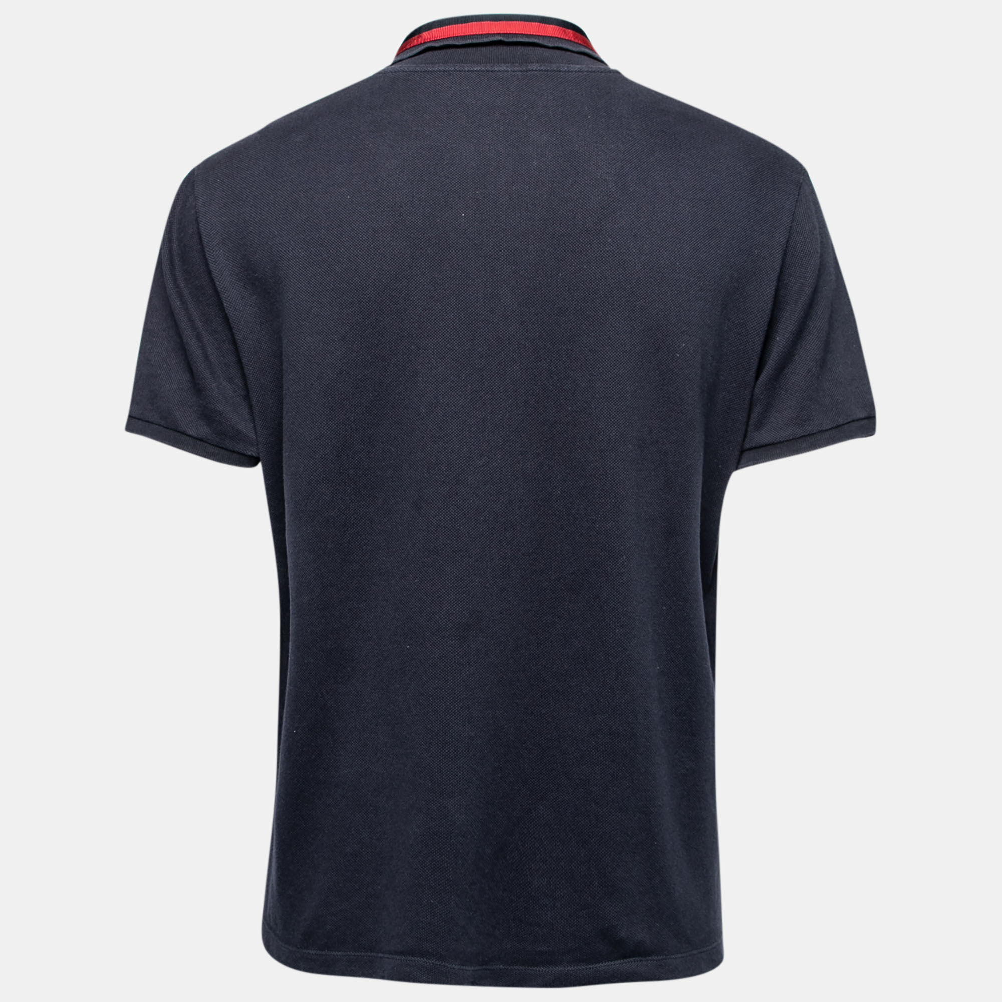 

Gucci Navy Blue Cotton Pique Web Stripe Bee Appliqued Polo T-Shirt