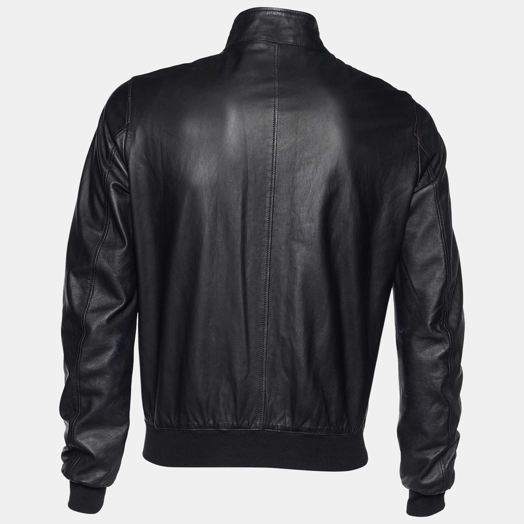 

Gucci Black Leather Rib Knit Trimmed Zip Front Jacket