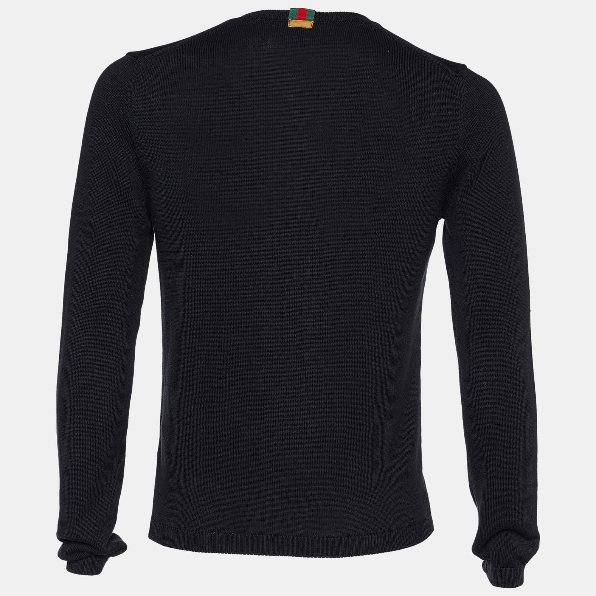 

Gucci Black Rib Knit Cotton Web Trim V-Neck Pullover