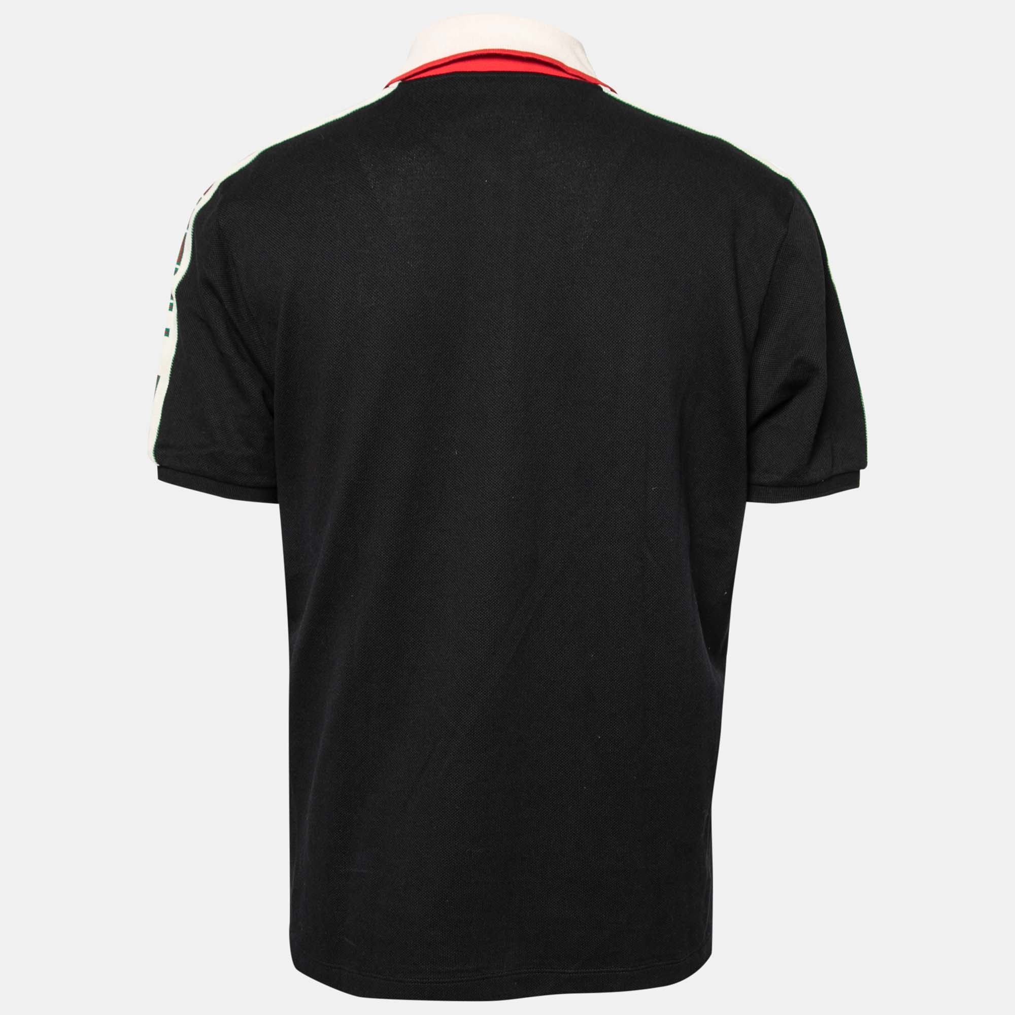 

Gucci Black Cotton Logo Stripe Detail Polo T-Shirt