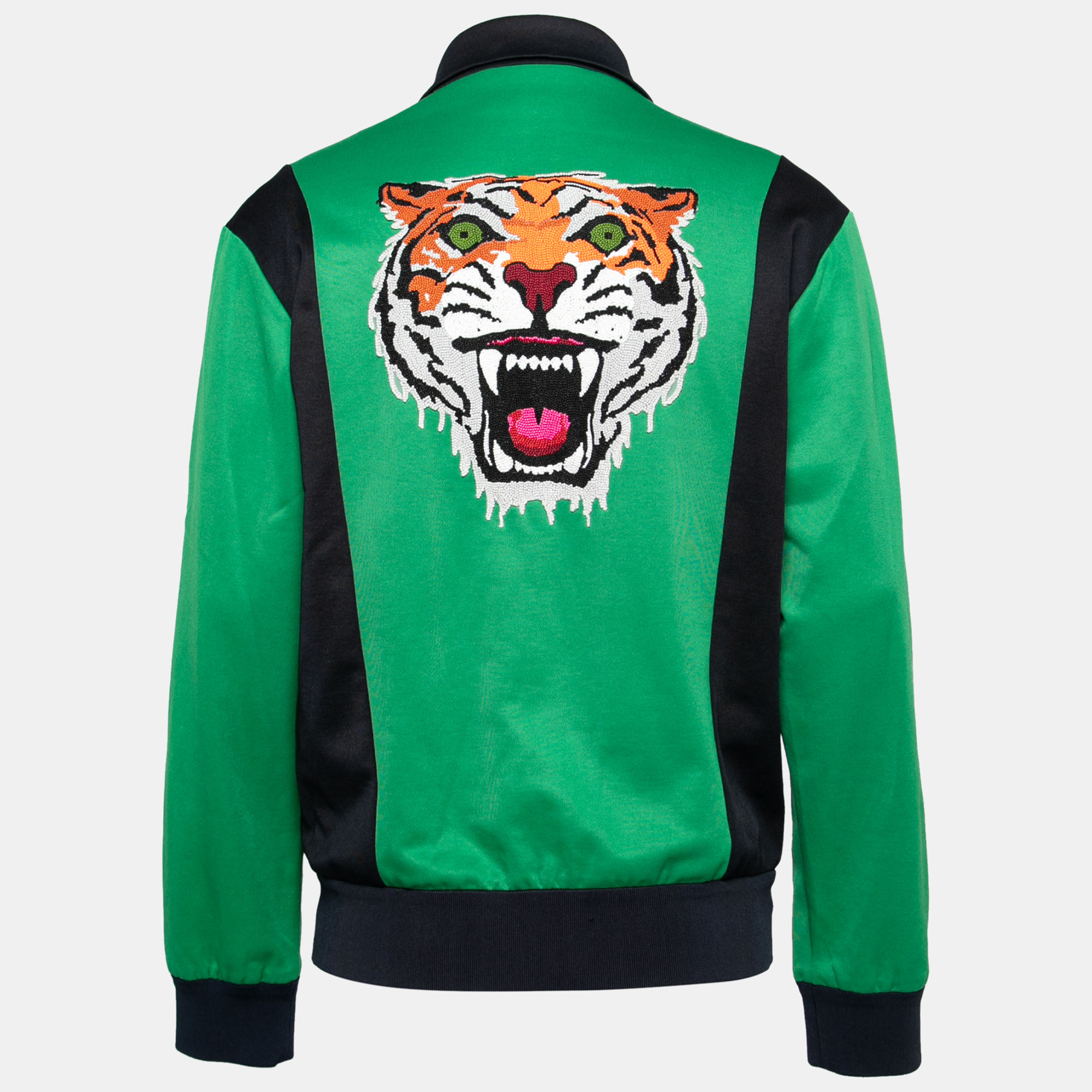 

Gucci Green Technical Jersey Tiger Patch Appliqued Zip Front Jacket