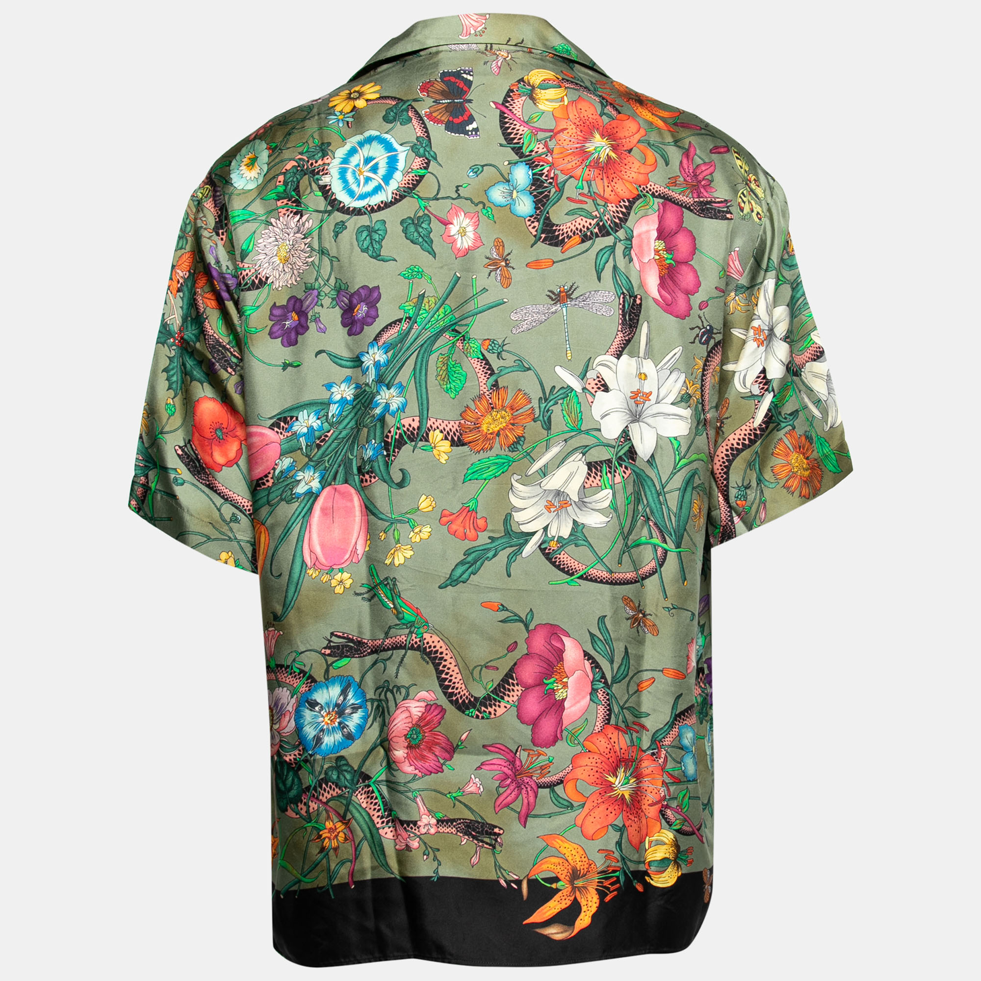 

Gucci Green Floral Snake Print Silk Twill Short Sleeve Shirt