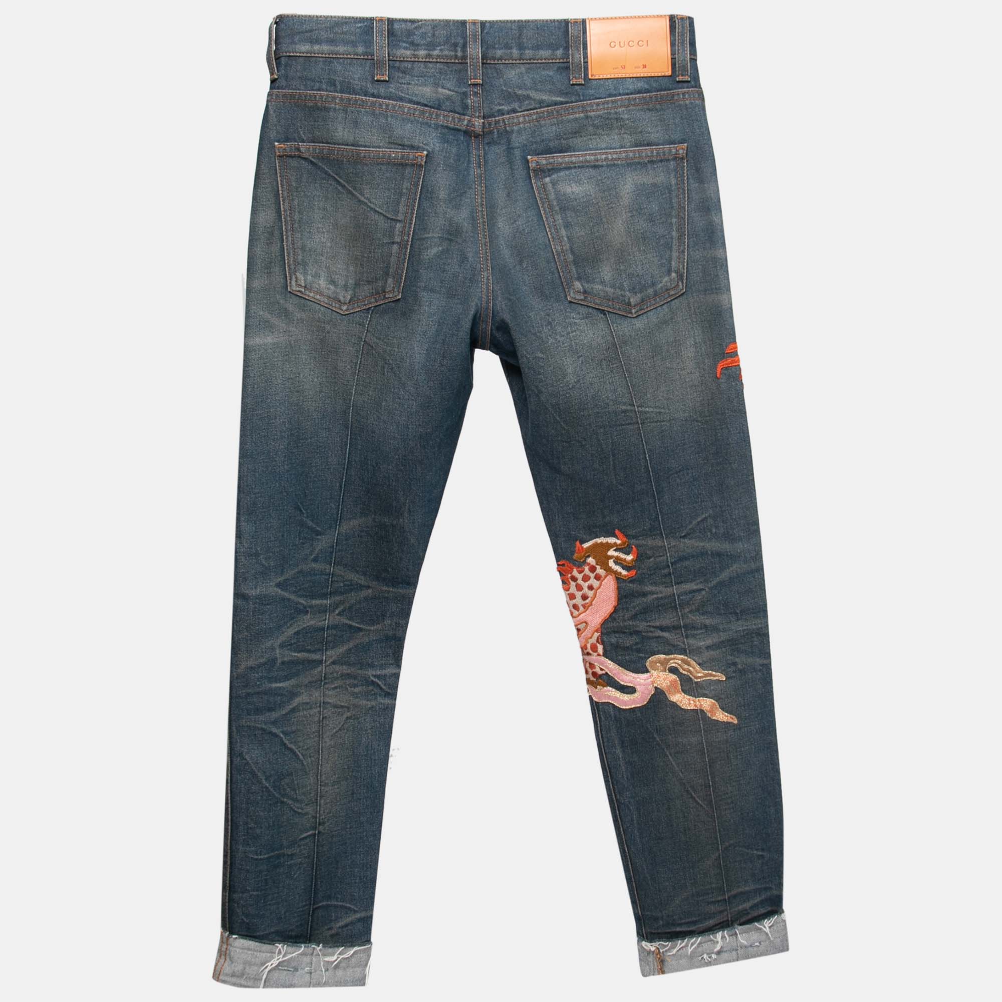 

Gucci Blue Stone Washed Denim Dragon Embroidered Jeans  Waist 30