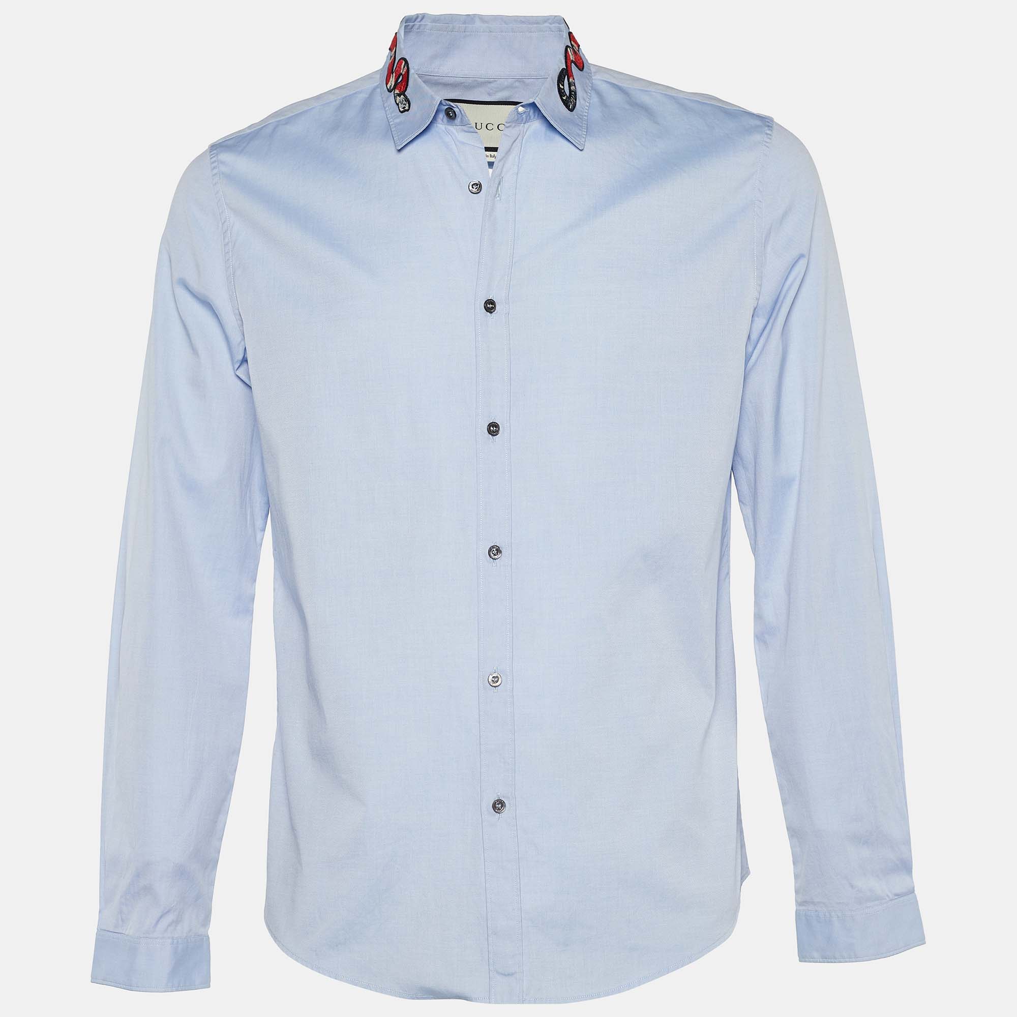 Pre Owned Gucci Blue Oxford Snake Applique Button Front Duke Shirt L
