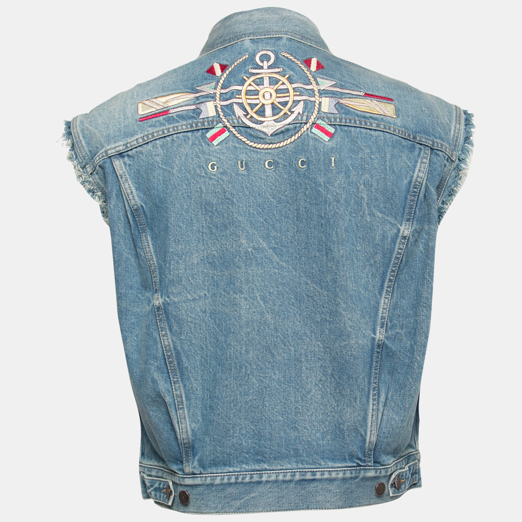 

Gucci Blue Denim Embroidered Sleeveless Oversized Jacket