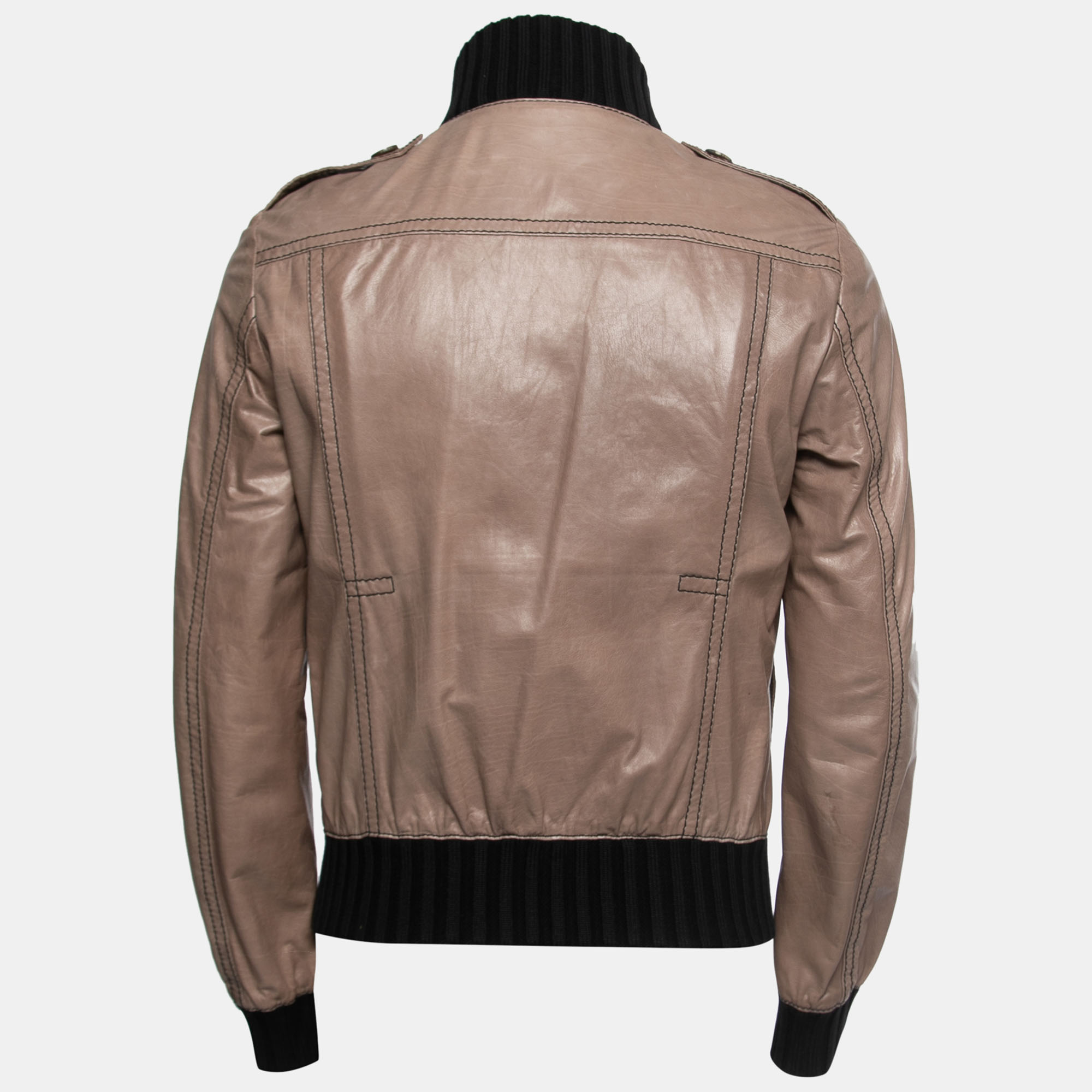 

Gucci Brown Leather Rib Knit Trim Madonna Bomber Jacket