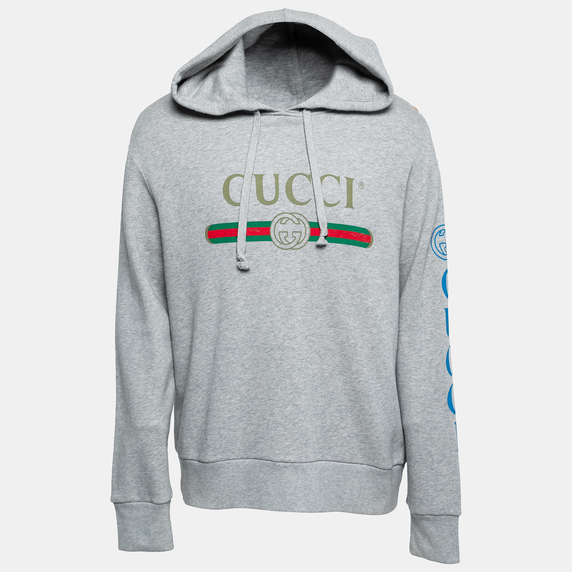 Pre-owned Gucci Grey Cotton Logo Print Embroidered Hoodie M