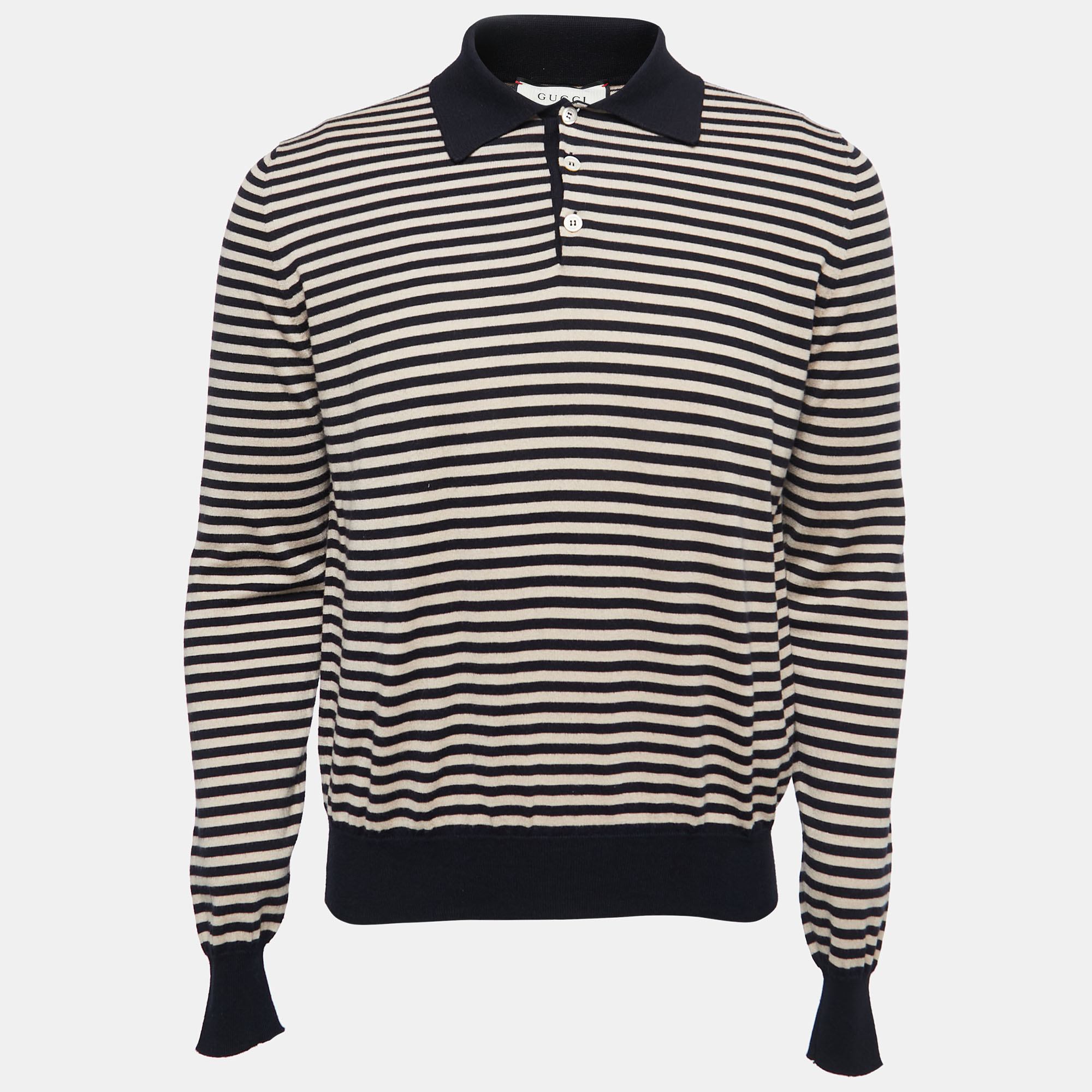 Pre-owned Gucci Navy Blue & Beige Striped Knit Long Sleeve Polo T-shirt L