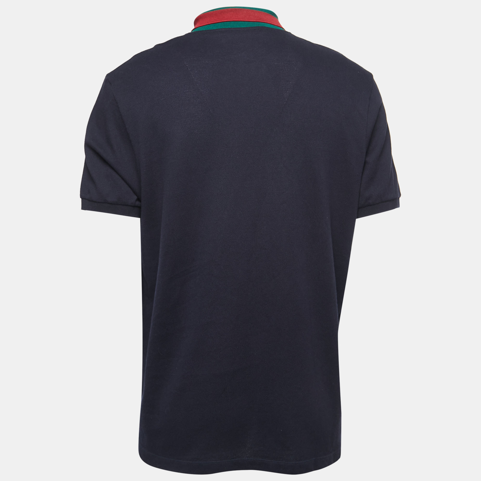 

Gucci Navy Blue Cotton Pique Web Collar Polo T-Shirt