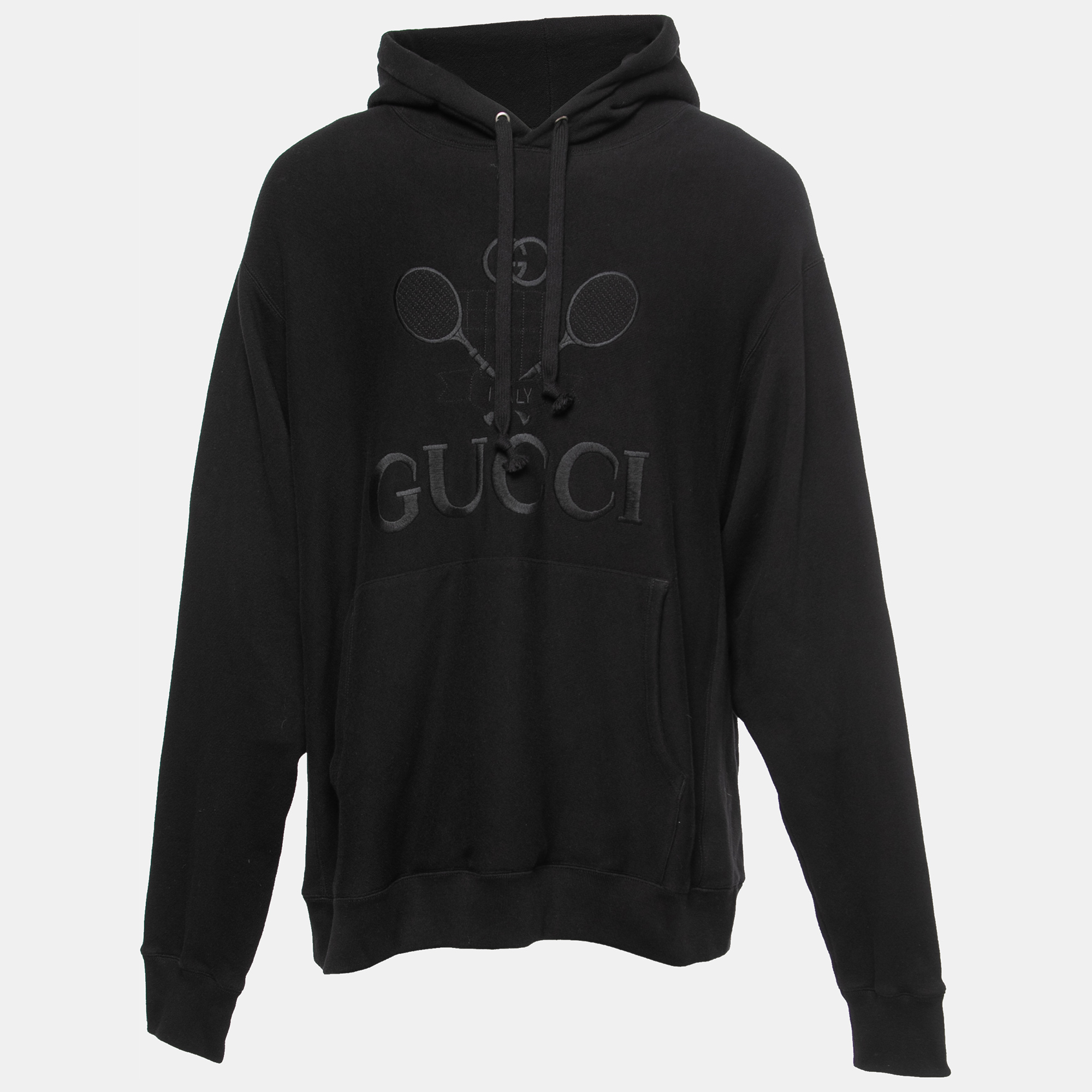 Pre-owned Gucci Black Cotton Tennis Logo Embroidered Oversized Hoodie Xxl