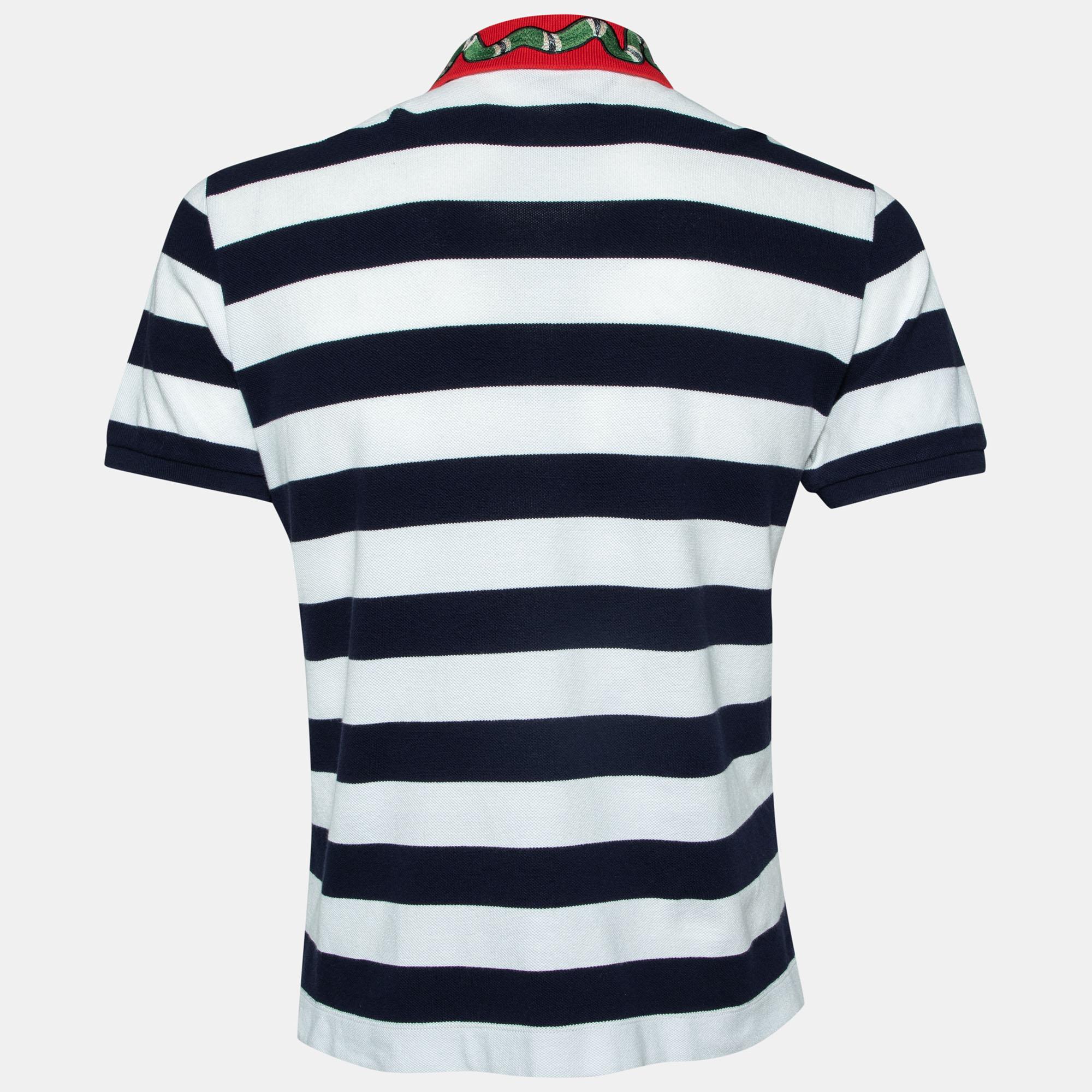 

Gucci Navy Blue Striped Cotton Pique Snake Applique Contrast Collar Polo T-Shirt