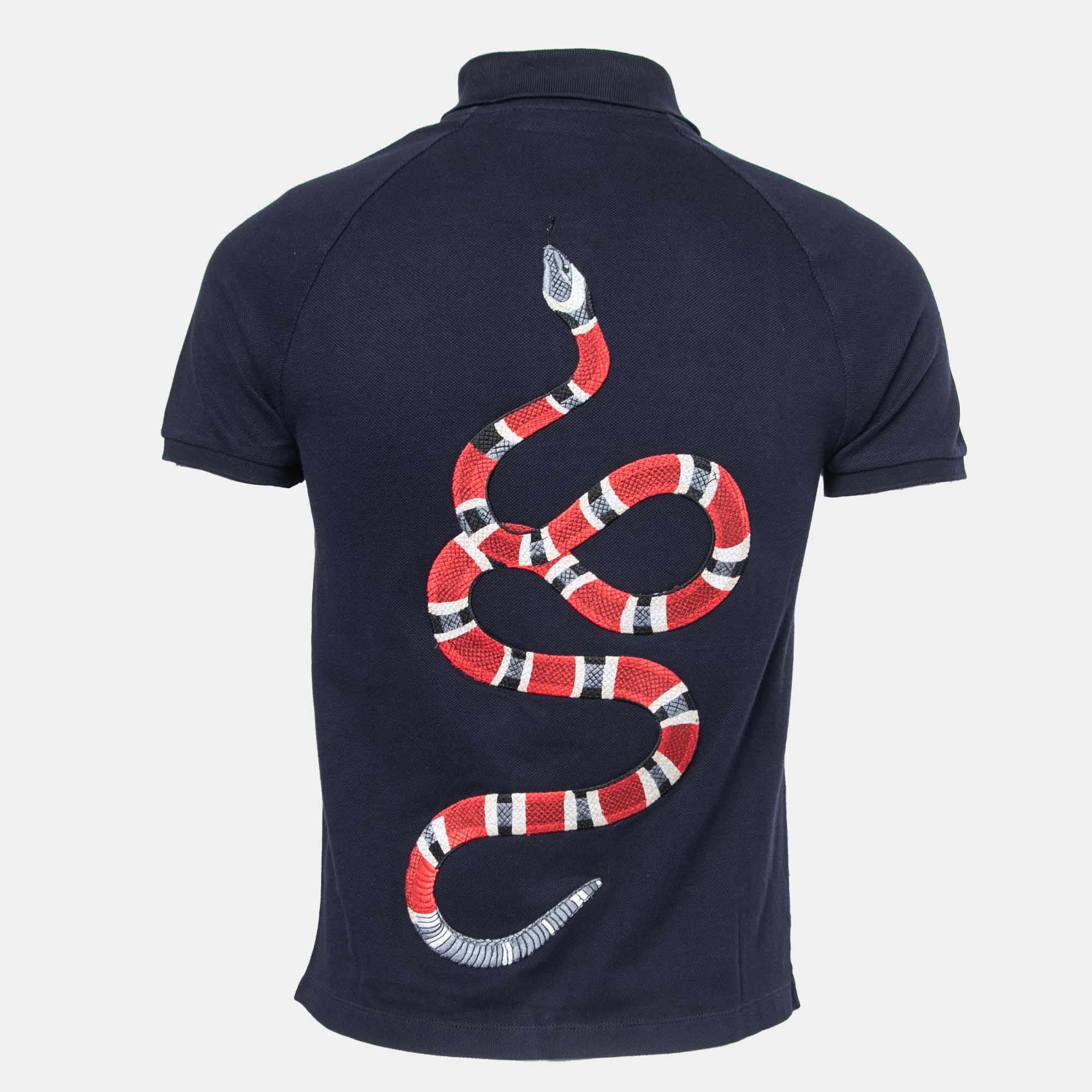 

Gucci Navy Blue Cotton Pique King Snake Detail Polo T-Shirt