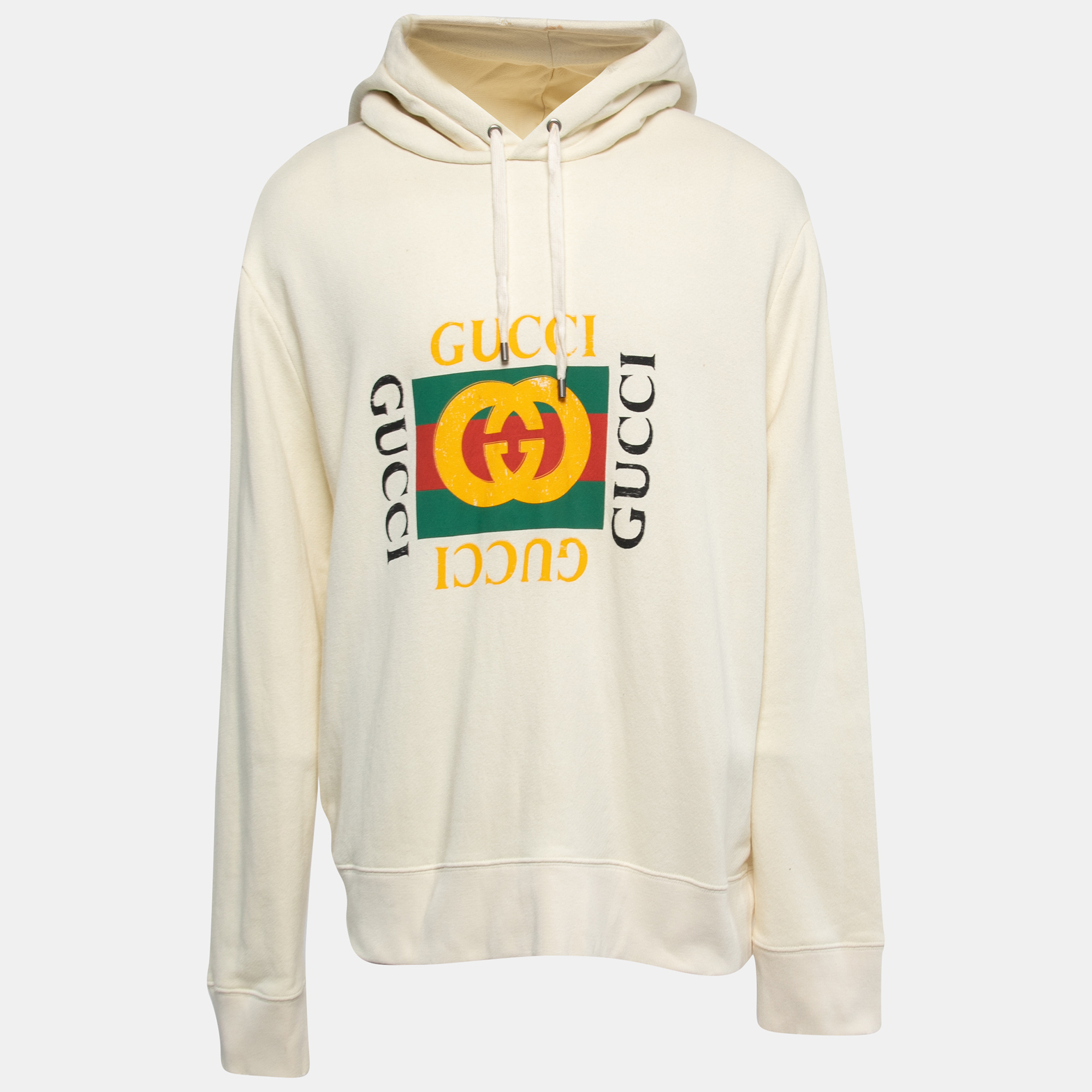 Click to view more detailed imagery on our partner's website Pre-owned Gucci Ivory Vintage Logo Print Cotton Distressed Oversize Hoodie 3xl In Cream