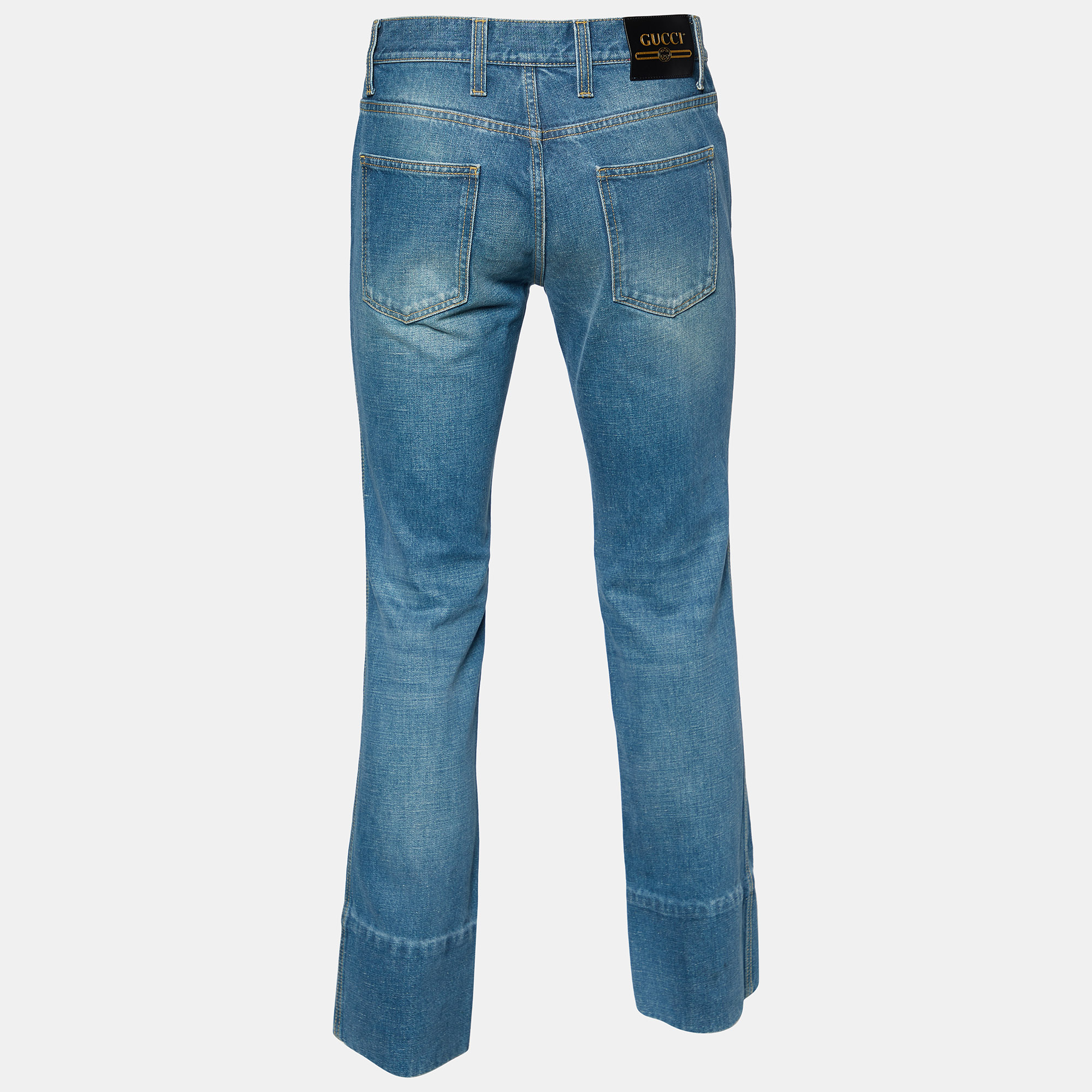 

Gucci Blue Denim Kick Flare Logo Patch Jeans N Waist 33"