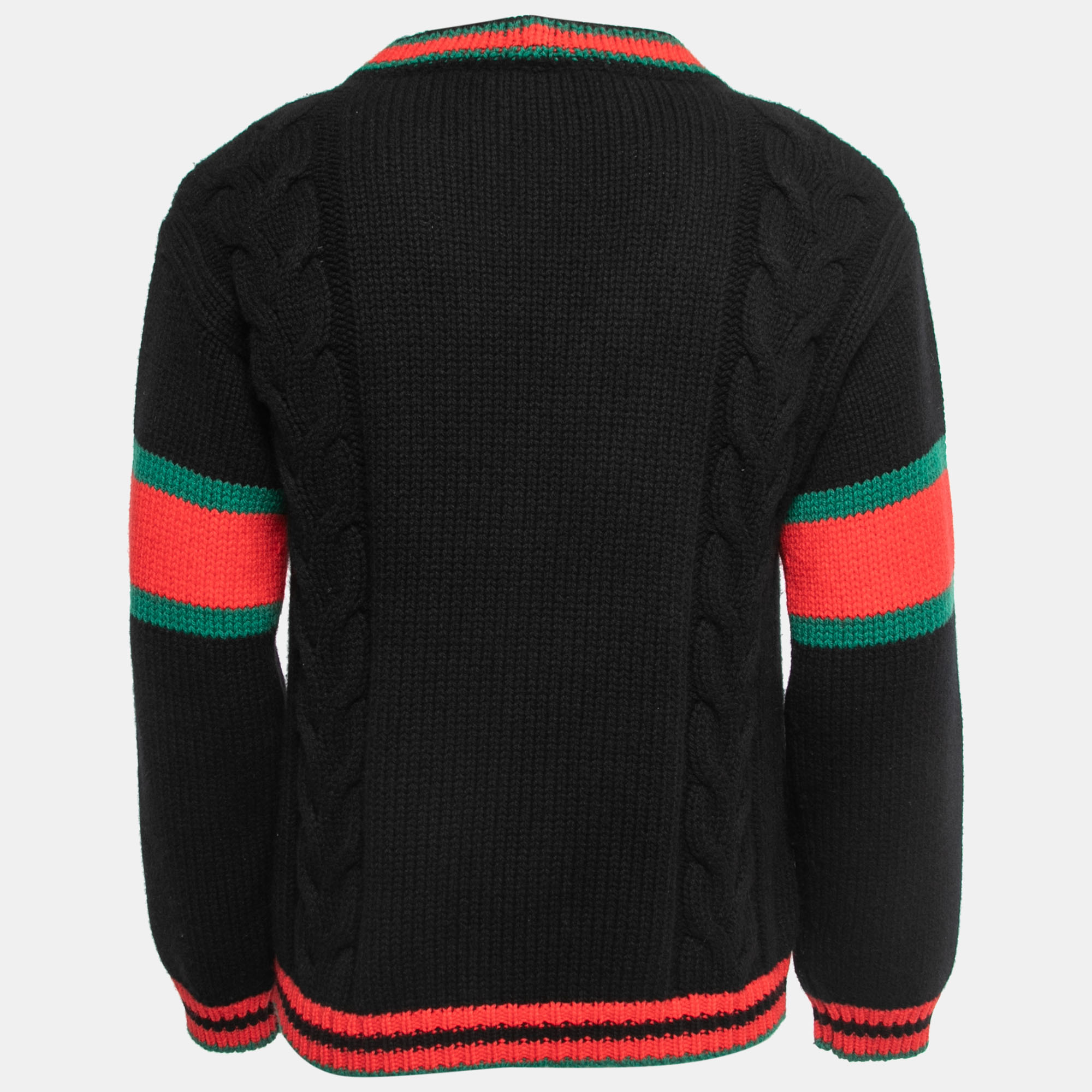 

Gucci Black Wool Cable Knit Web Detail Button Front Cardigan