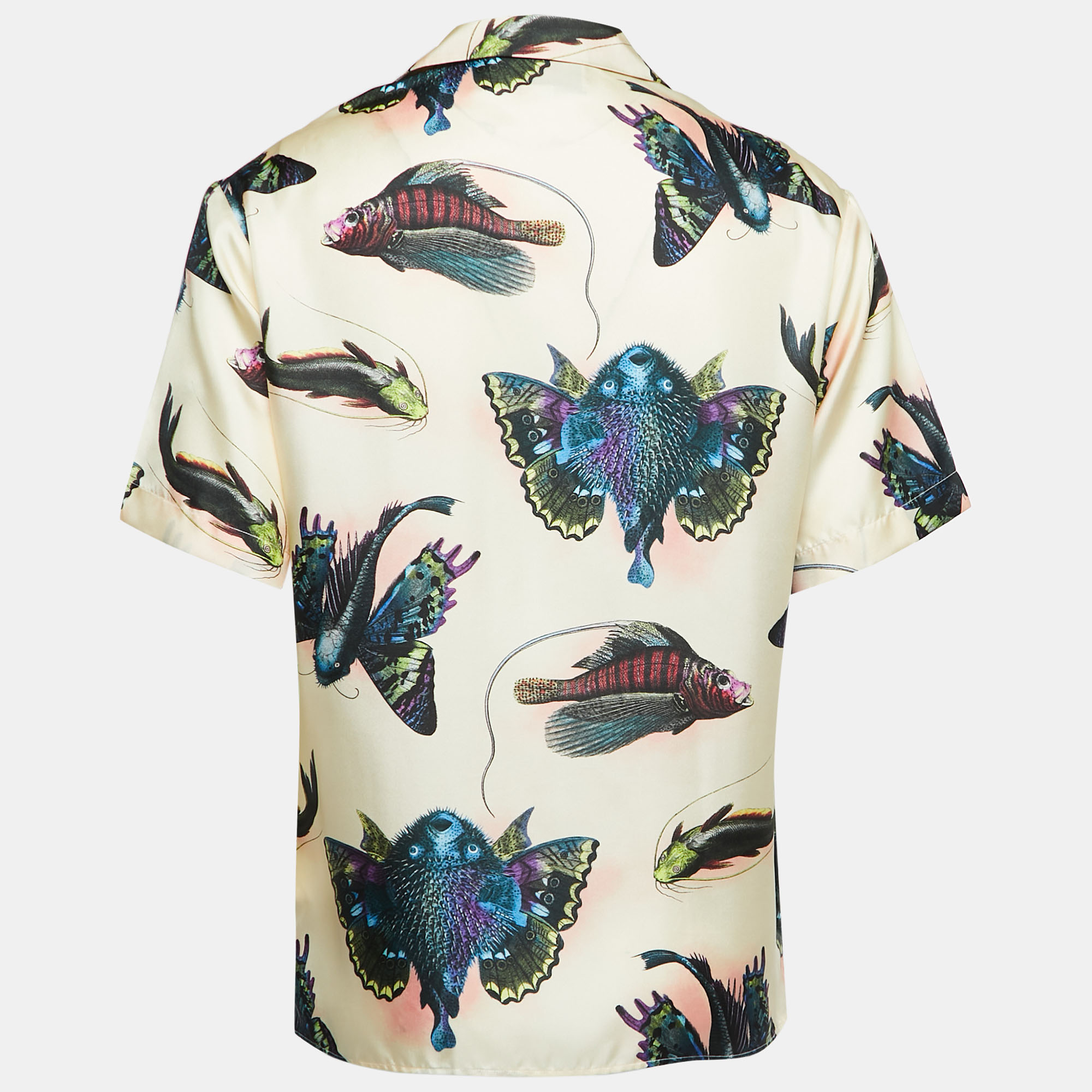 

Gucci Cream Fish Print Satin Silk Button Front Half Sleeve T-Shirt
