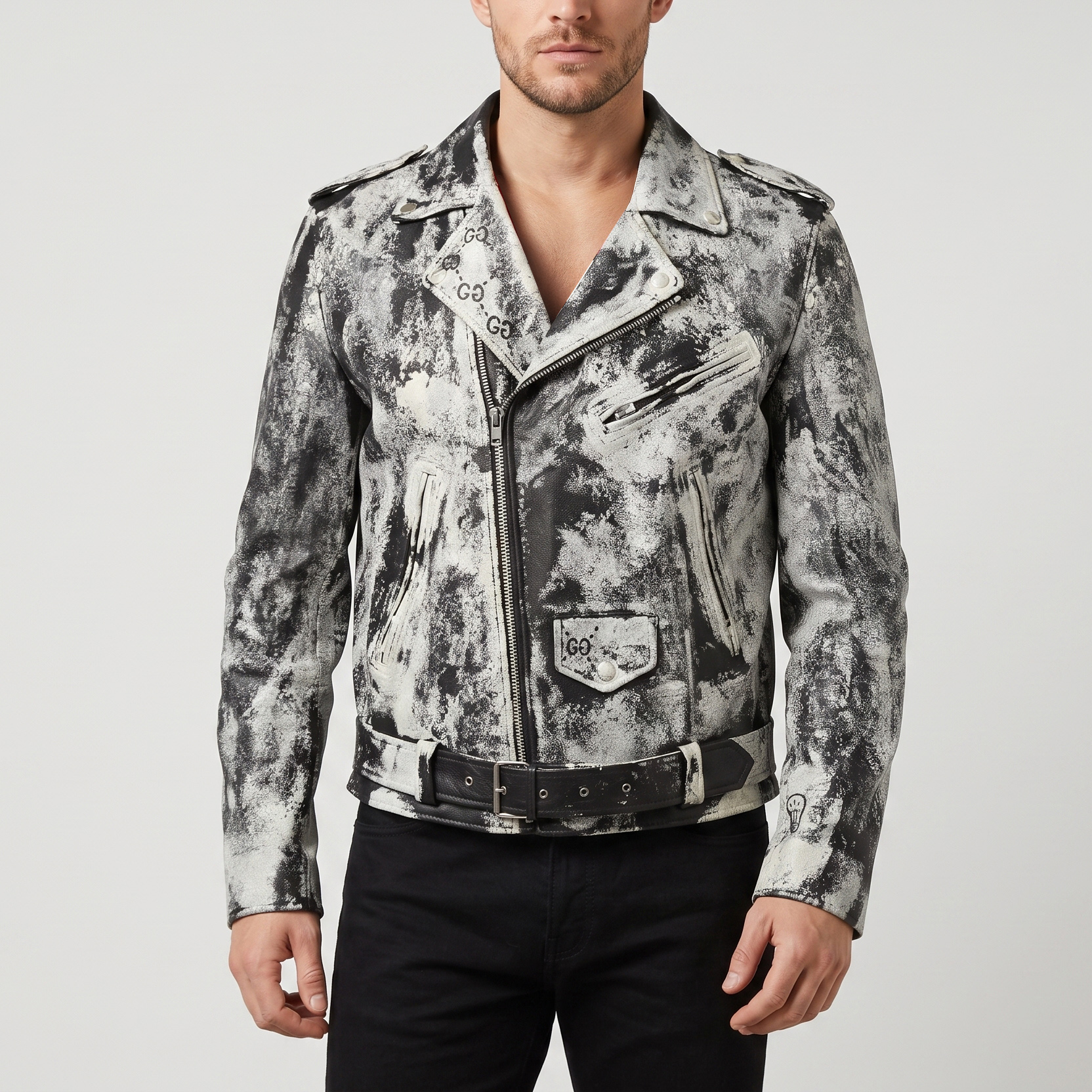 Gucci White/Black Hand Painted Leather Patch Detail Biker Jacket M